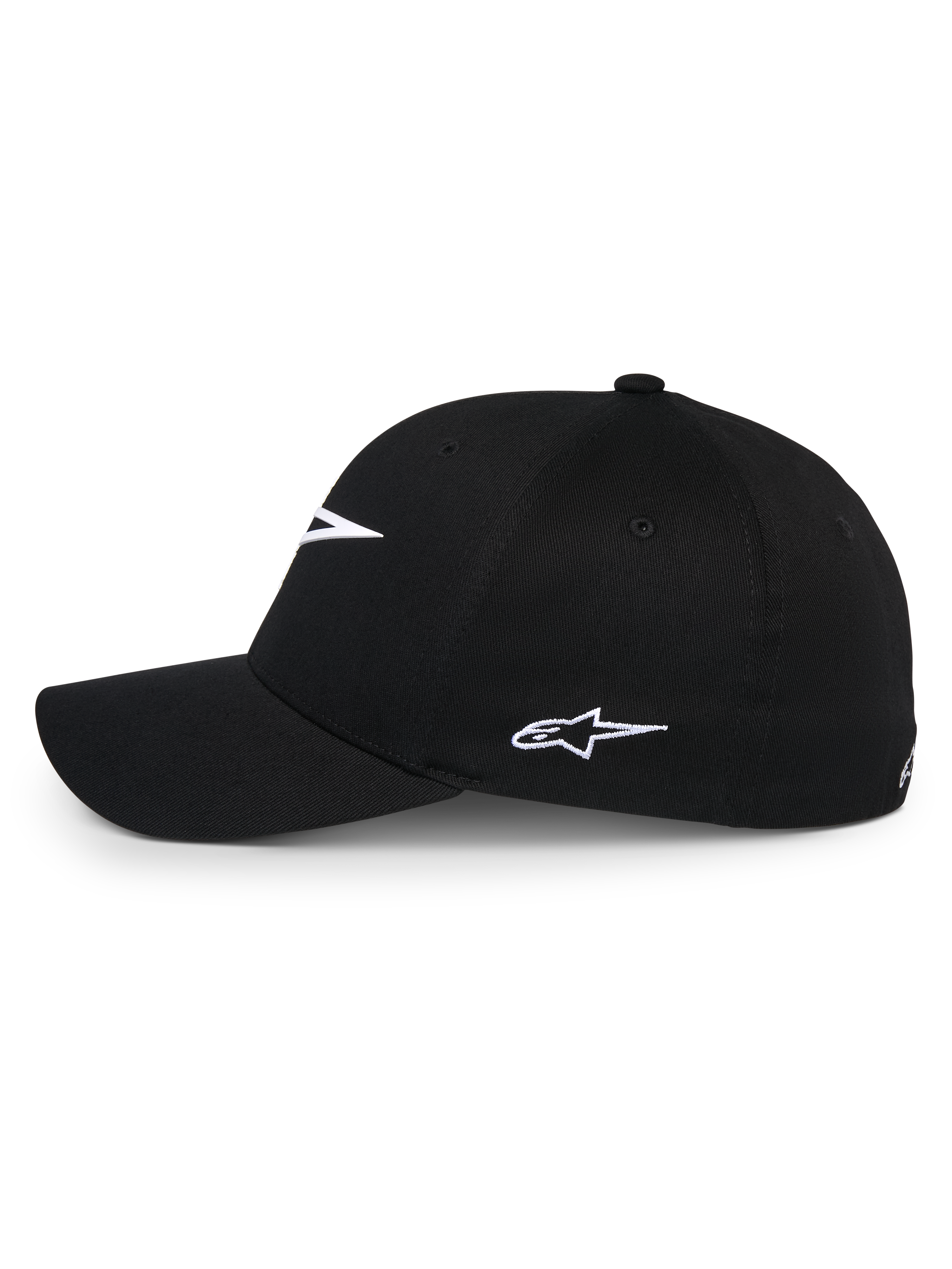 Alpinestars Ageless Multi Hat, czarna czapka z daszkiem, widok z profilu z białym haftowanym logo Astars, zakrzywiony daszek i usztywniona korona, casualowa odzież sportowa