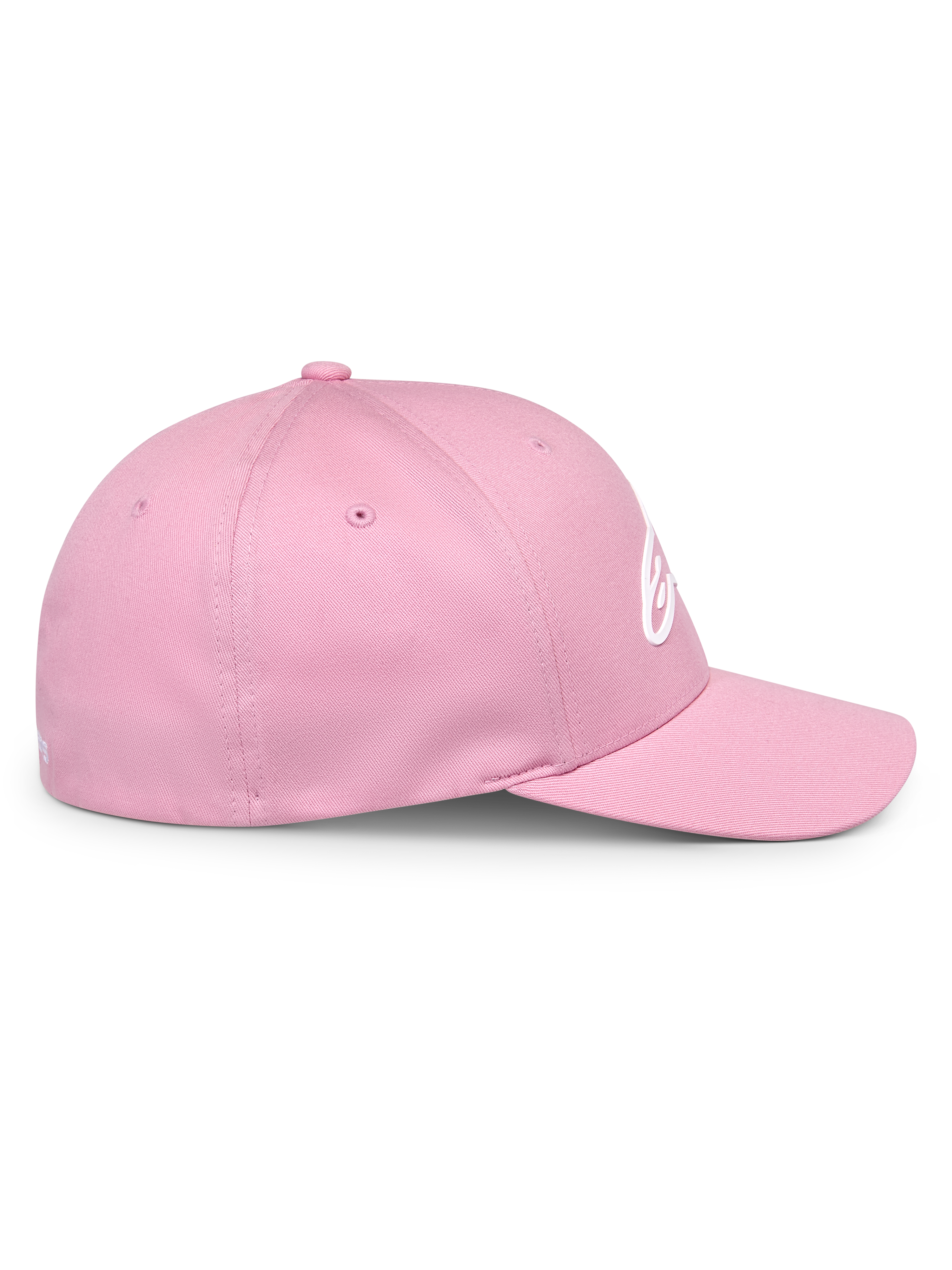 Alpinestars Ageless Multi Hat, różowa czapka z daszkiem, widok z boku, zakrzywiony daszek i usztywniona korona, białe logo Astars 3D, codzienna odzież uliczna inspirowana sportami motorowymi