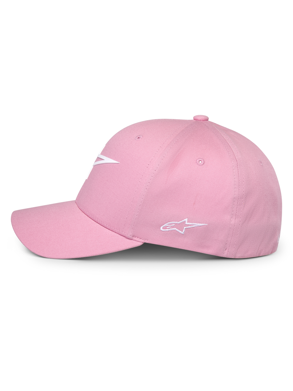 Alpinestars Ageless Multi Hat, różowa czapka, widok z boku, białe logo 3D z przodu i haftowane logo z boku, usztywniona korona z zakrzywionym daszkiem, codzienne nakrycie głowy inspirowane motorsportem