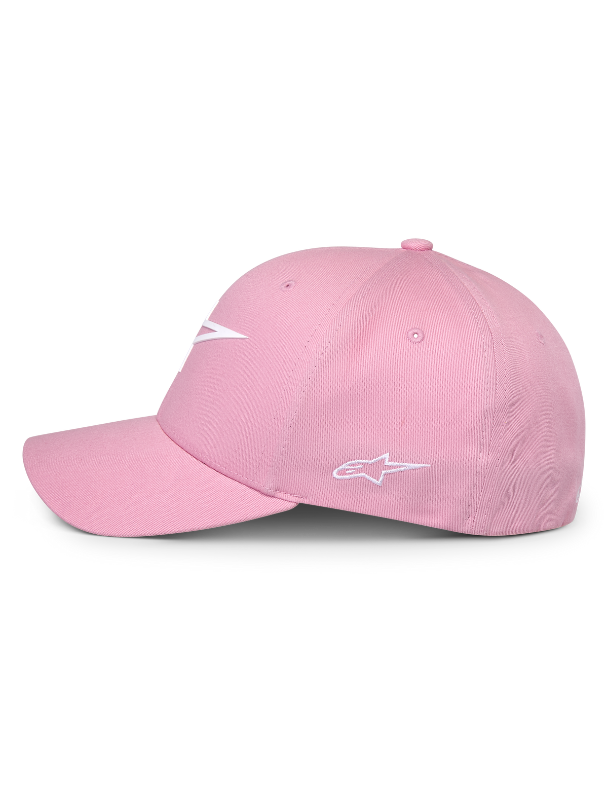 Alpinestars Ageless Multi Hat, różowa czapka, widok z boku, białe logo 3D z przodu i haftowane logo z boku, usztywniona korona z zakrzywionym daszkiem, codzienne nakrycie głowy inspirowane motorsportem