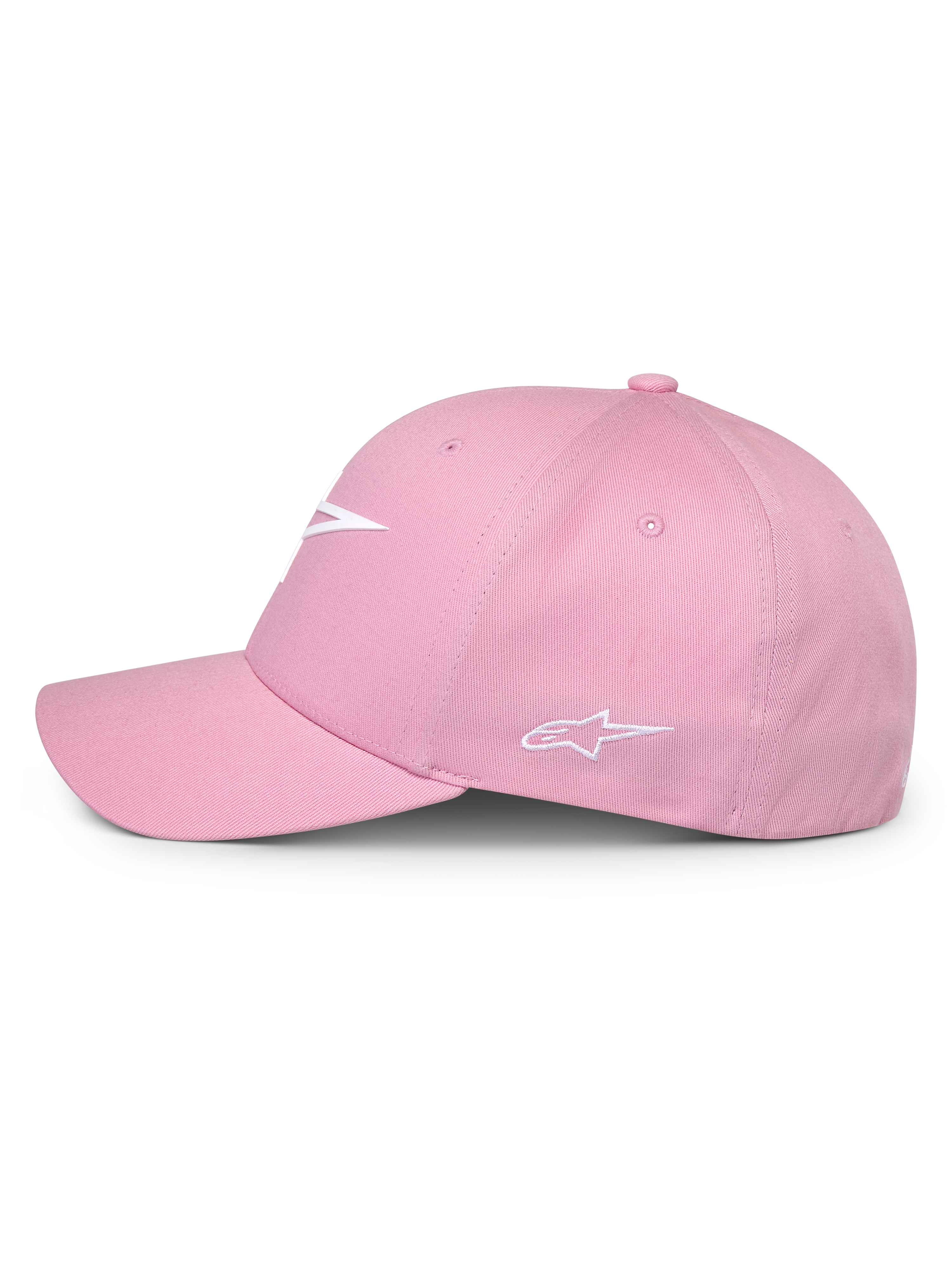 Alpinestars Ageless Multi Hat, różowa czapka, widok z boku, białe logo 3D z przodu i haftowane logo z boku, usztywniona korona z zakrzywionym daszkiem, codzienne nakrycie głowy inspirowane motorsportem