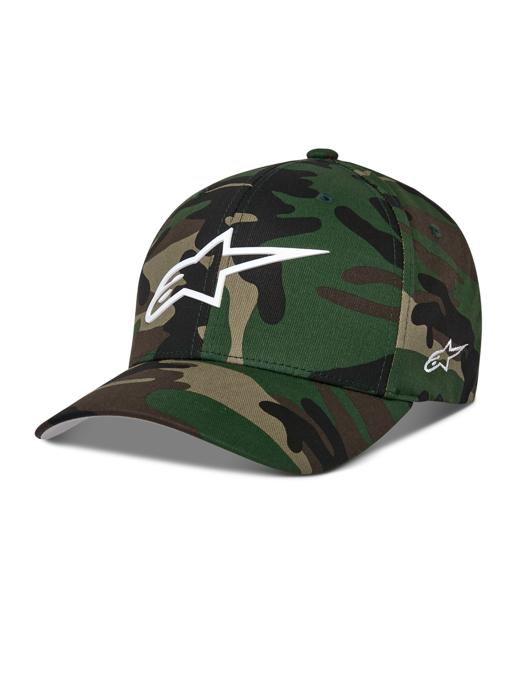 Alpinestars Ageless Multi Hat, czapka z daszkiem w zielonym kamuflażu moro, białe logo Astars 3D z przodu i haft z boku, zakrzywiony daszek, usztywniona korona, casualowy styl streetwear inspirowany sportami motorowymi