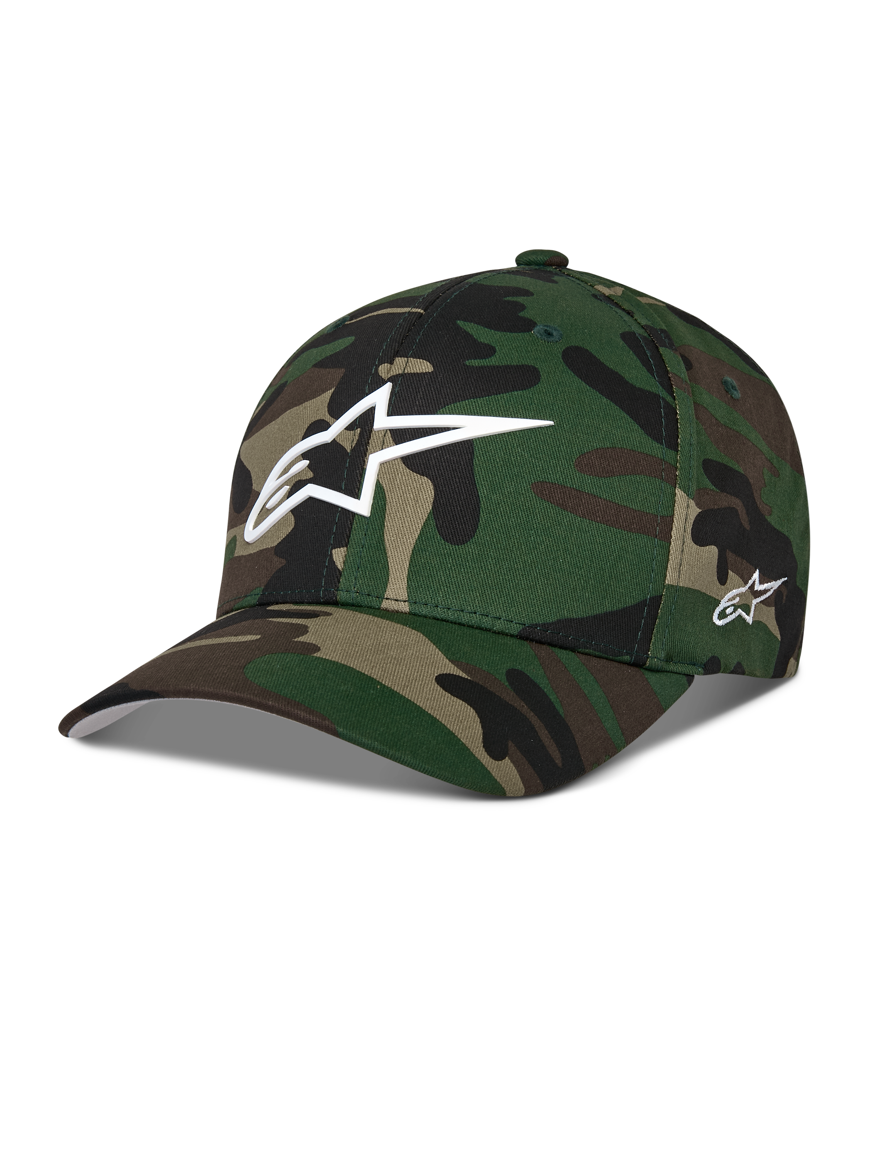 Alpinestars Ageless Multi Hat, czapka z daszkiem w zielonym kamuflażu moro, białe logo Astars 3D z przodu i haft z boku, zakrzywiony daszek, usztywniona korona, casualowy styl streetwear inspirowany sportami motorowymi