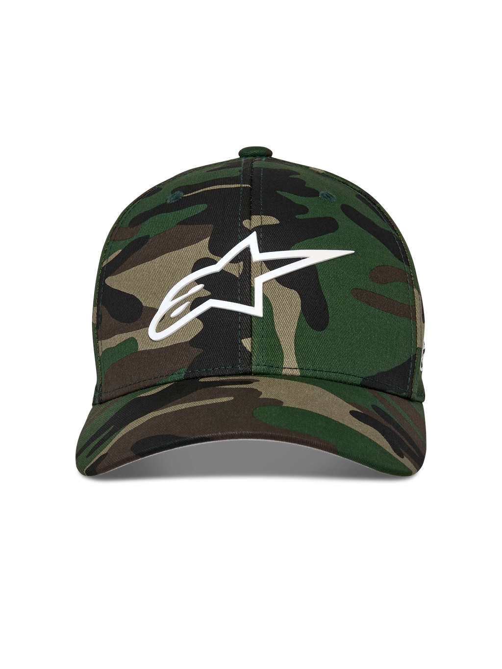Alpinestars Ageless Multi Hat, czapka z daszkiem, zielone camo, białe logo Astars 3D z przodu, usztywniona korona z zakrzywionym daszkiem, codzienne nakrycie głowy inspirowane sportami motorowymi