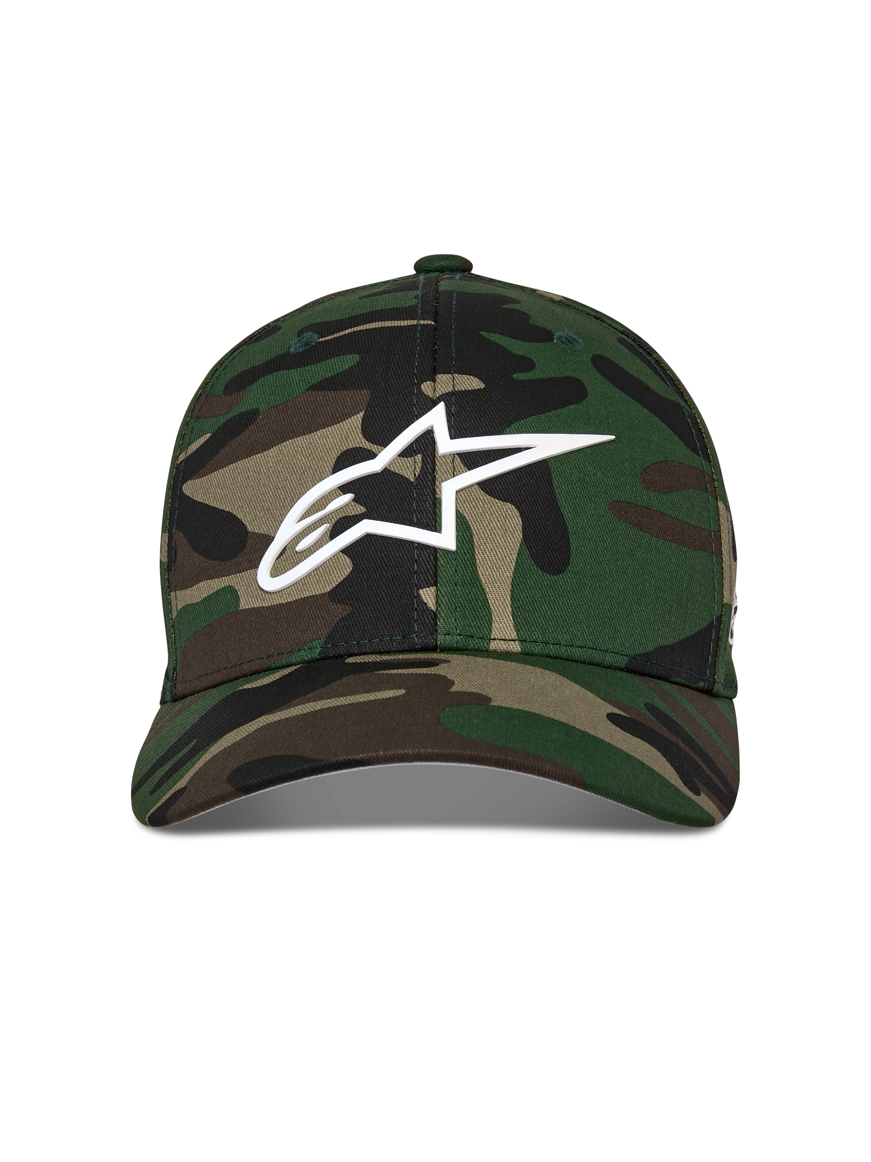 Alpinestars Ageless Multi Hat, czapka z daszkiem, zielone camo, białe logo Astars 3D z przodu, usztywniona korona z zakrzywionym daszkiem, codzienne nakrycie głowy inspirowane sportami motorowymi