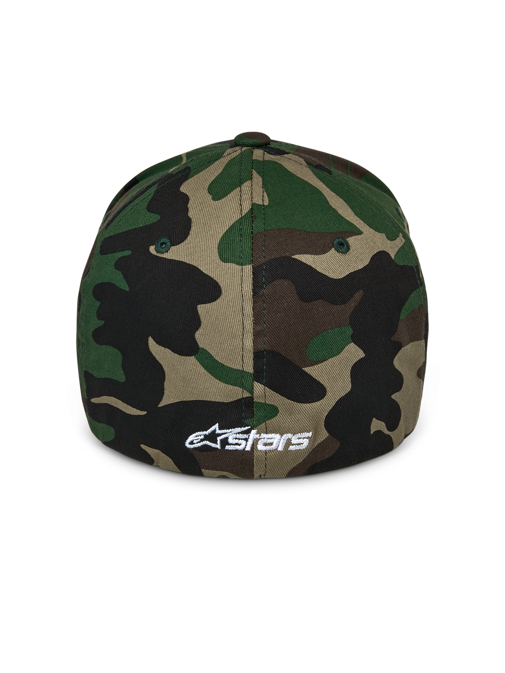 Alpinestars Ageless Multi Hat, czapka z daszkiem w kamuflażu Green Camo, widok z tyłu przedstawiający małe białe haftowane logo Astars, usztywniona korona i elastyczny tył