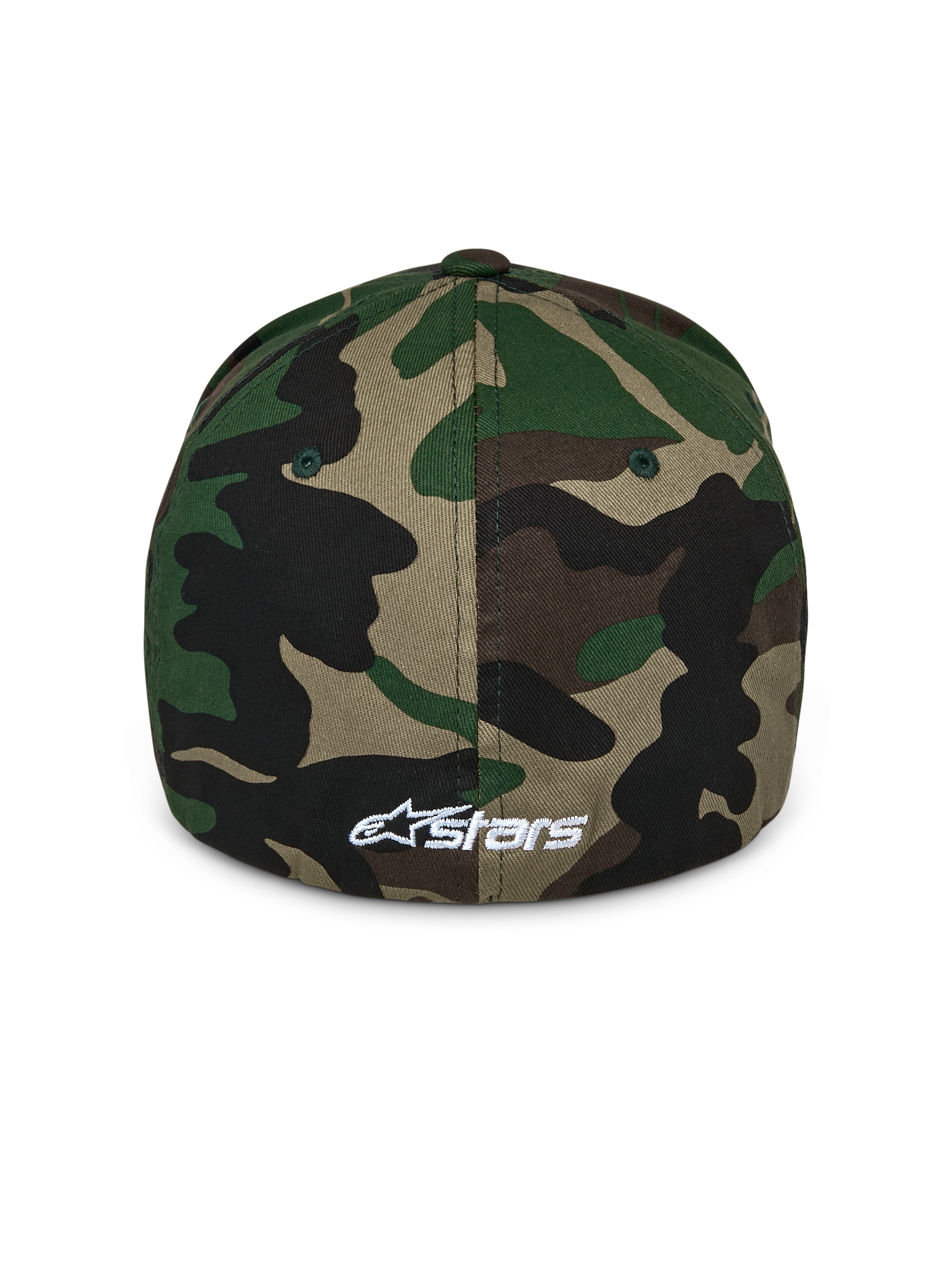 Alpinestars Ageless Multi Hat, czapka z daszkiem w kamuflażu Green Camo, widok z tyłu przedstawiający małe białe haftowane logo Astars, usztywniona korona i elastyczny tył