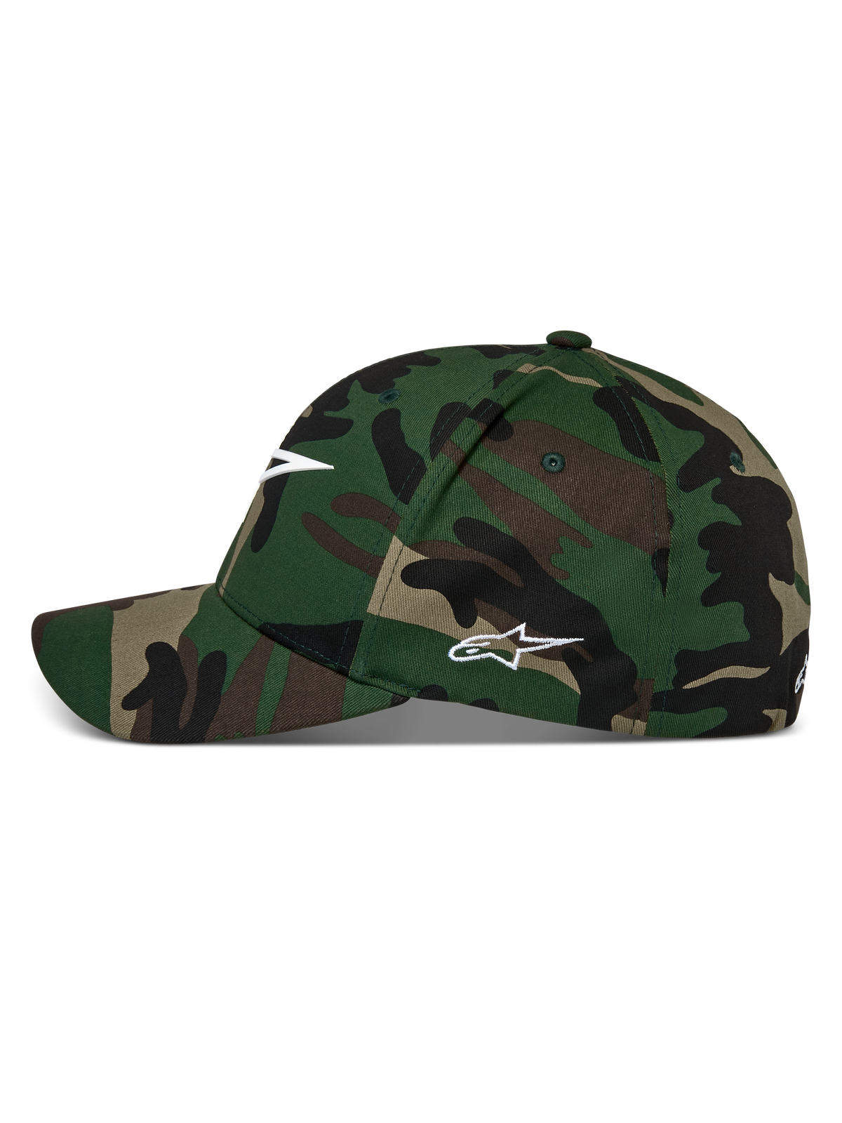 Alpinestars Ageless Multi Hat, czapka z daszkiem w zielonym kamuflażu moro, zakrzywiony daszek z usztywnioną koroną, białe logo Astars z przodu i z boku, codzienna odzież uliczna w stylu motorsport