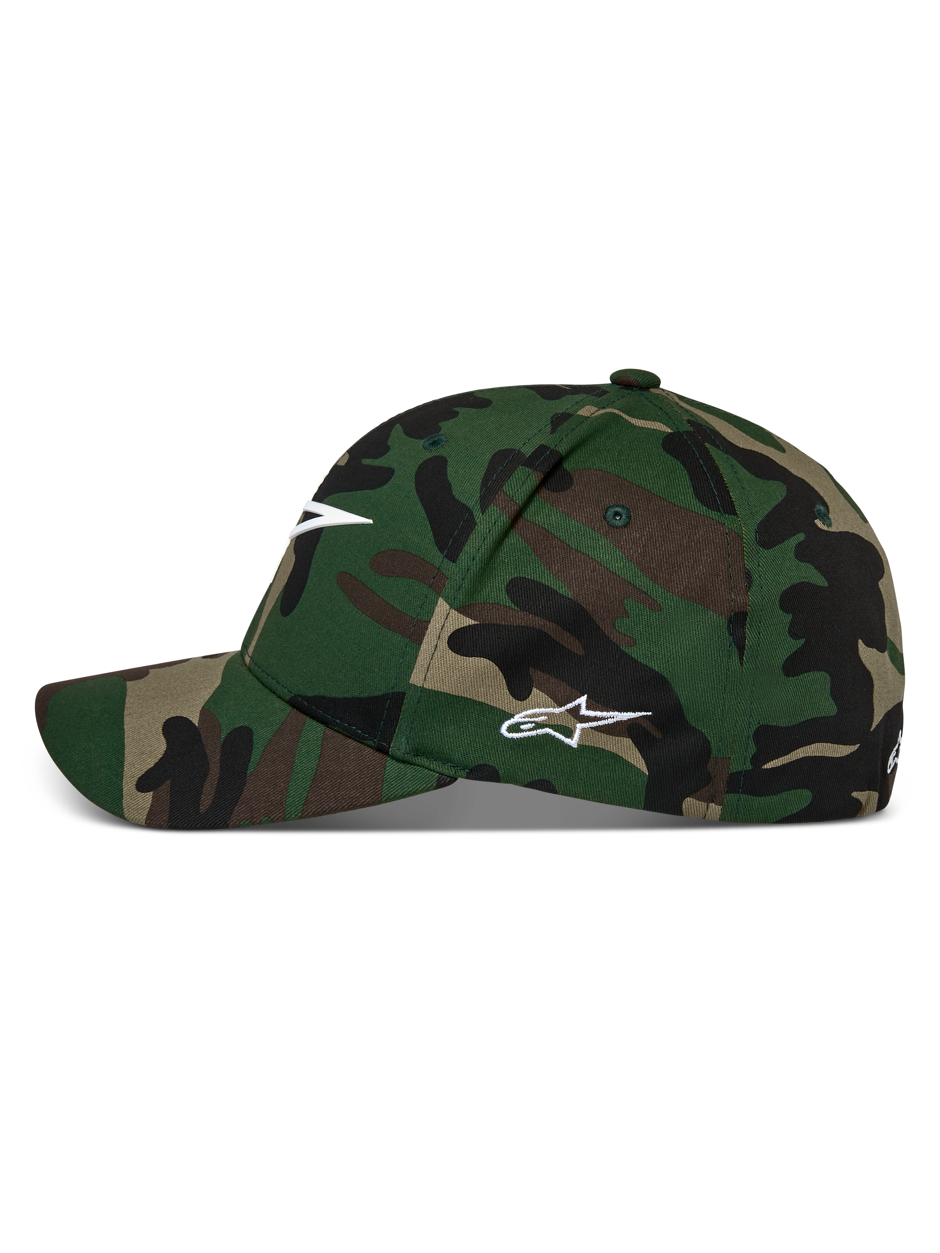 Alpinestars Ageless Multi Hat, czapka z daszkiem w zielonym kamuflażu moro, zakrzywiony daszek z usztywnioną koroną, białe logo Astars z przodu i z boku, codzienna odzież uliczna w stylu motorsport