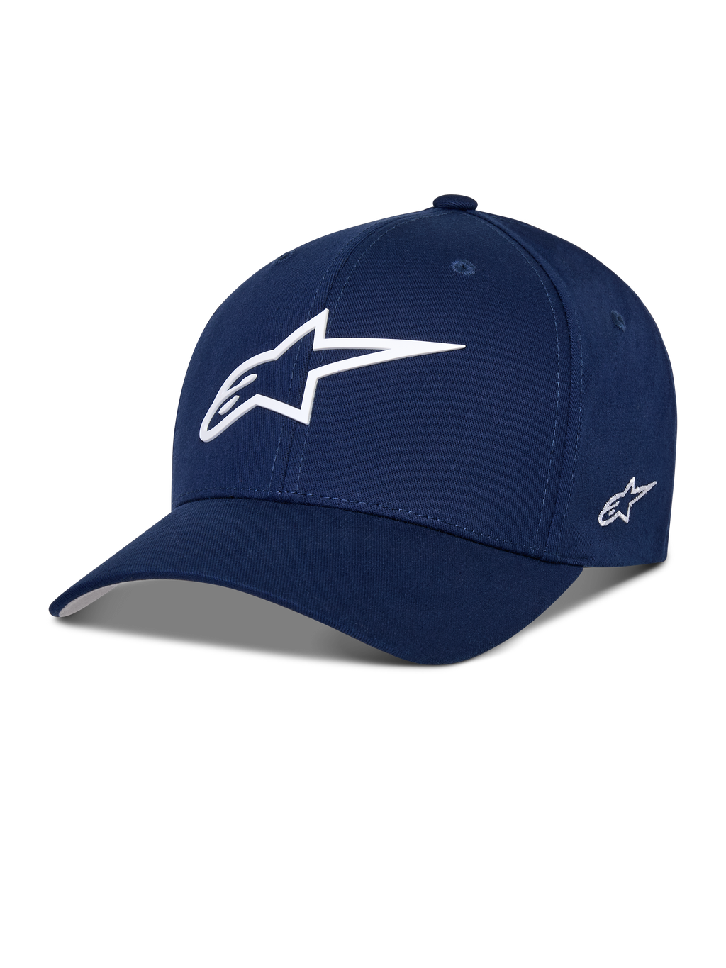 Alpinestars Ageless Multi Hat, granatowa czapka z daszkiem typu baseball, białe logo 3D z gwiazdą z przodu, haftowane logo z boku, zakrzywiony daszek, sportowe nakrycie głowy typu lifestyle