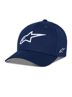 Alpinestars Ageless Multi Hat, granatowa czapka z daszkiem typu baseball, białe logo 3D z gwiazdą z przodu, haftowane logo z boku, zakrzywiony daszek, sportowe nakrycie głowy typu lifestyle
