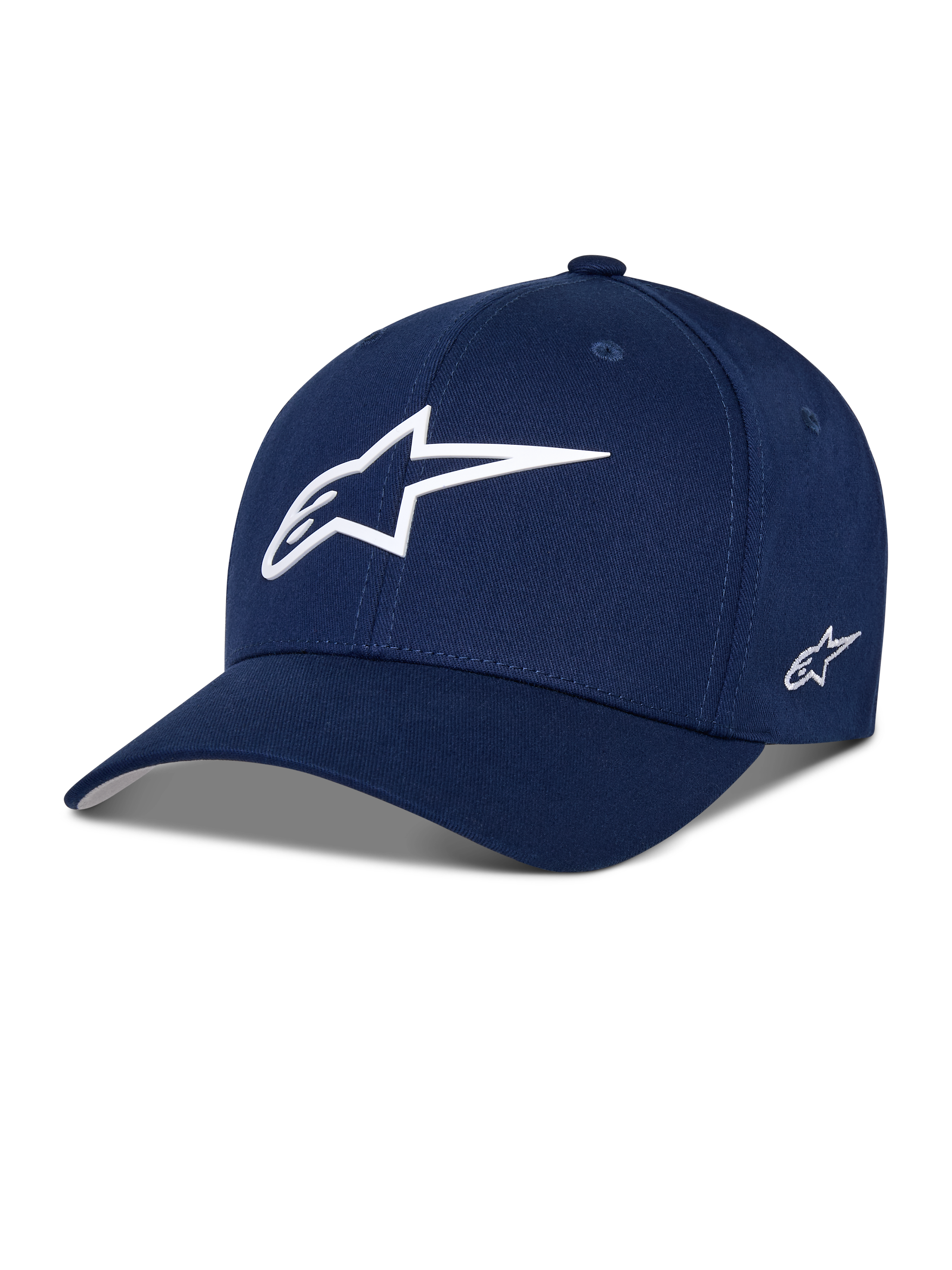 Alpinestars Ageless Multi Hat, granatowa czapka z daszkiem typu baseball, białe logo 3D z gwiazdą z przodu, haftowane logo z boku, zakrzywiony daszek, sportowe nakrycie głowy typu lifestyle