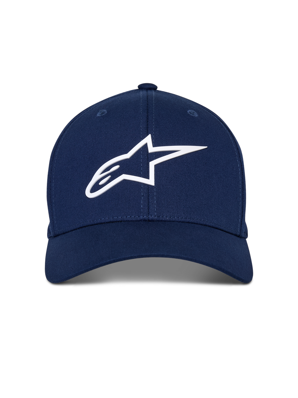 Alpinestars Ageless Multi Hat, granatowa czapka z daszkiem, białe logo Astars 3D, zakrzywiony daszek, usztywniona korona, casualowy styl motorsportowy
