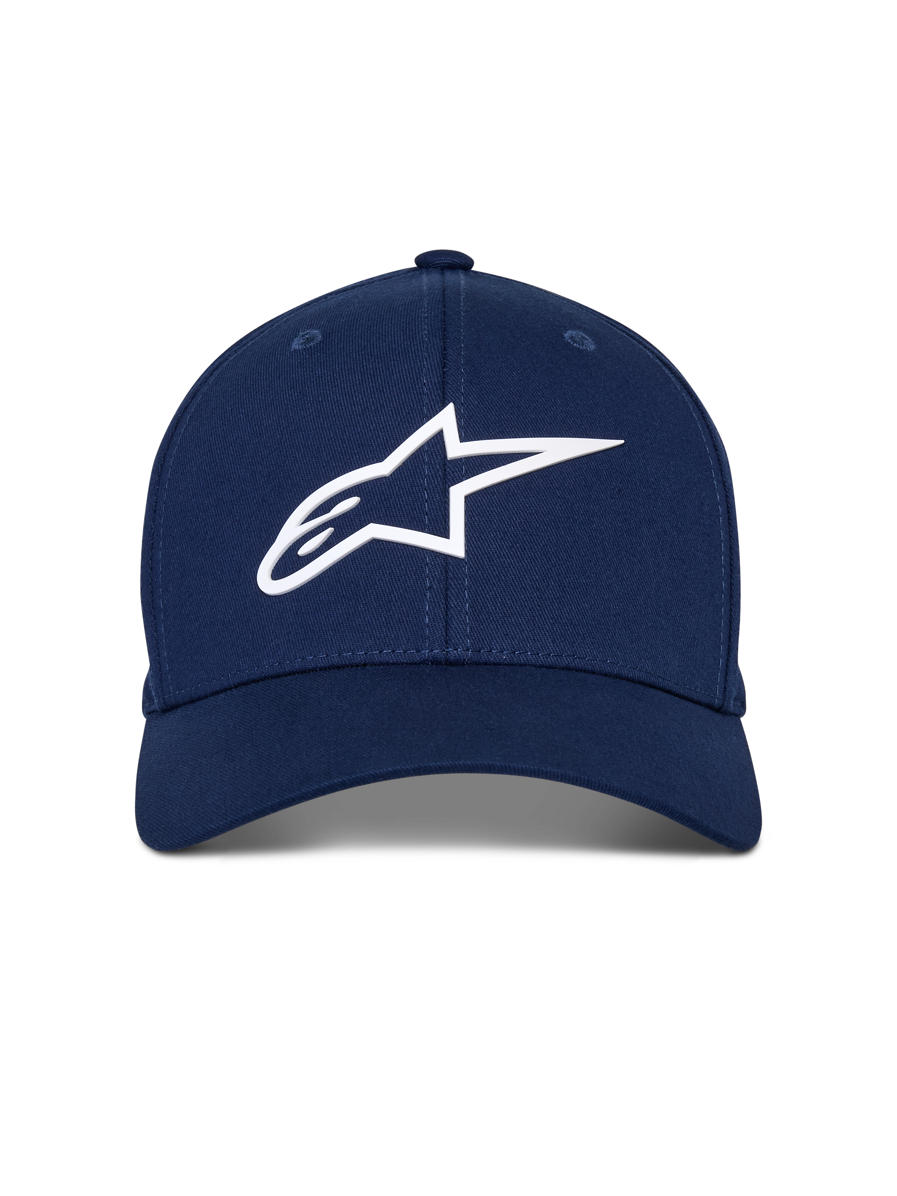 Alpinestars Ageless Multi Hat, granatowa czapka z daszkiem, białe logo Astars 3D, zakrzywiony daszek, usztywniona korona, casualowy styl motorsportowy