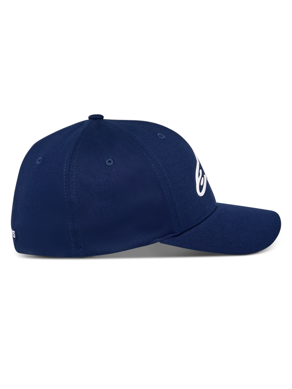 Alpinestars Ageless Multi Hat, granatowa czapka z daszkiem, widok z boku, zakrzywiony daszek, usztywniona korona, elastyczna tkanina z kepru, codzienne nakrycie głowy inspirowane sportami motorowymi