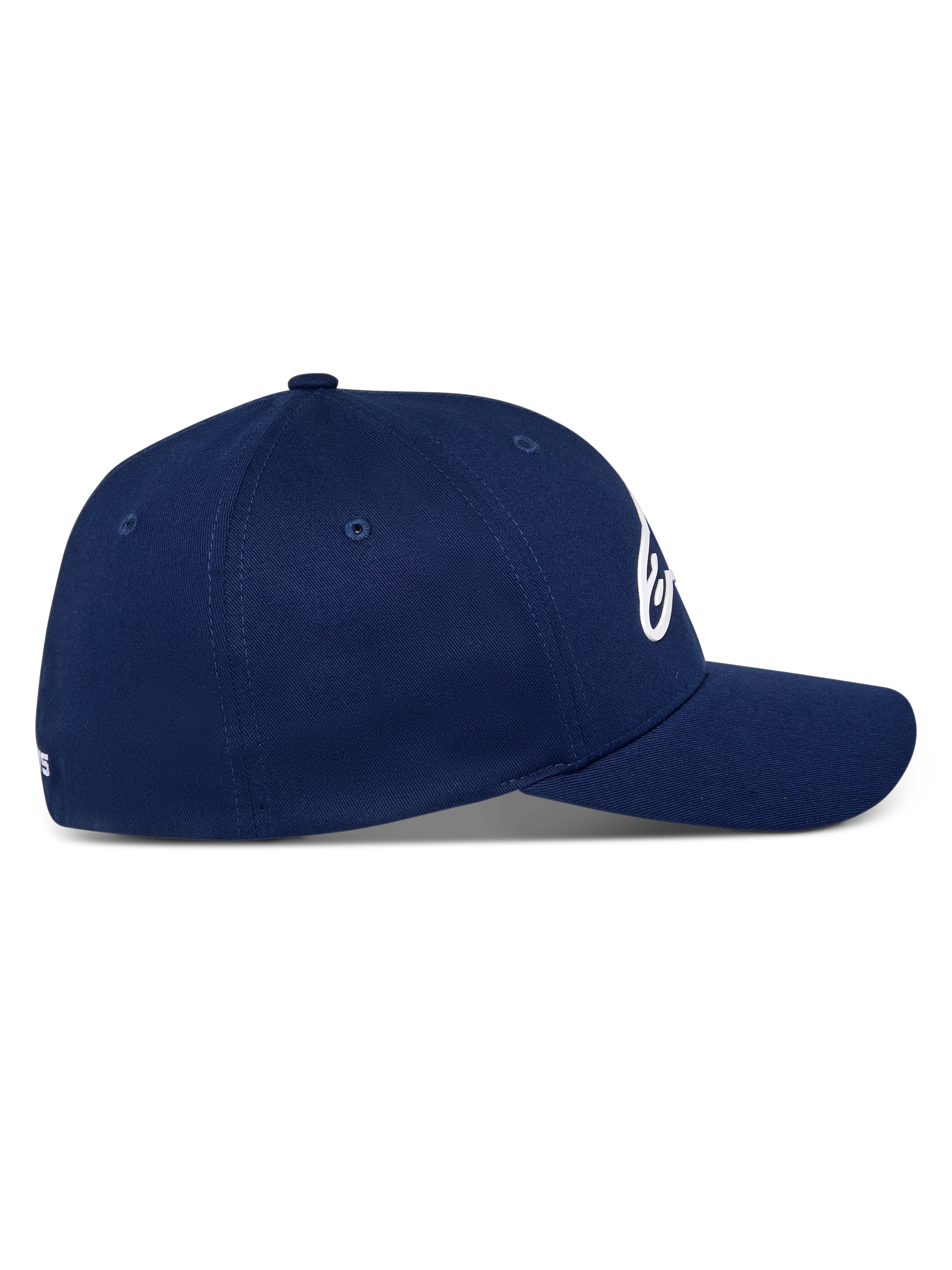 Alpinestars Ageless Multi Hat, granatowa czapka z daszkiem, widok z boku, zakrzywiony daszek, usztywniona korona, elastyczna tkanina z kepru, codzienne nakrycie głowy inspirowane sportami motorowymi