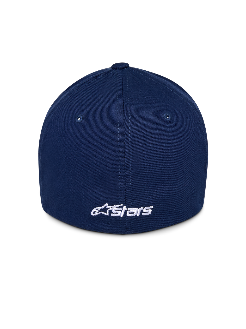 Alpinestars Ageless Multi Hat, granatowa czapka z daszkiem, widok z tyłu z białym haftowanym logo Astars, usztywniona korona z przeszywanymi panelami, codzienne nakrycie głowy inspirowane sportami motorowymi