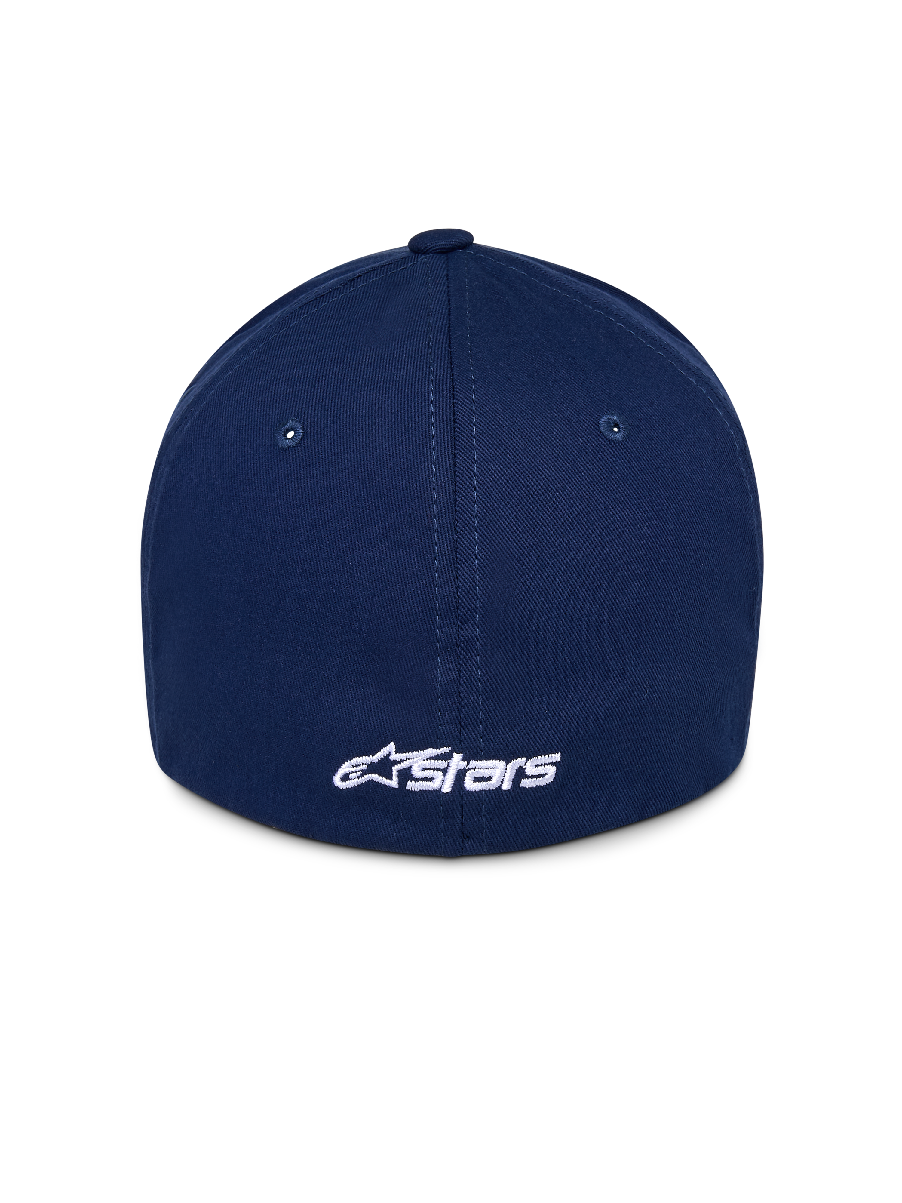 Alpinestars Ageless Multi Hat, granatowa czapka z daszkiem, widok z tyłu z białym haftowanym logo Astars, usztywniona korona z przeszywanymi panelami, codzienne nakrycie głowy inspirowane sportami motorowymi