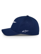 Alpinestars Ageless Multi Hat, granatowa czapka z zakrzywionym daszkiem, widok z boku, białe haftowane logo Astars, sportowe nakrycie głowy