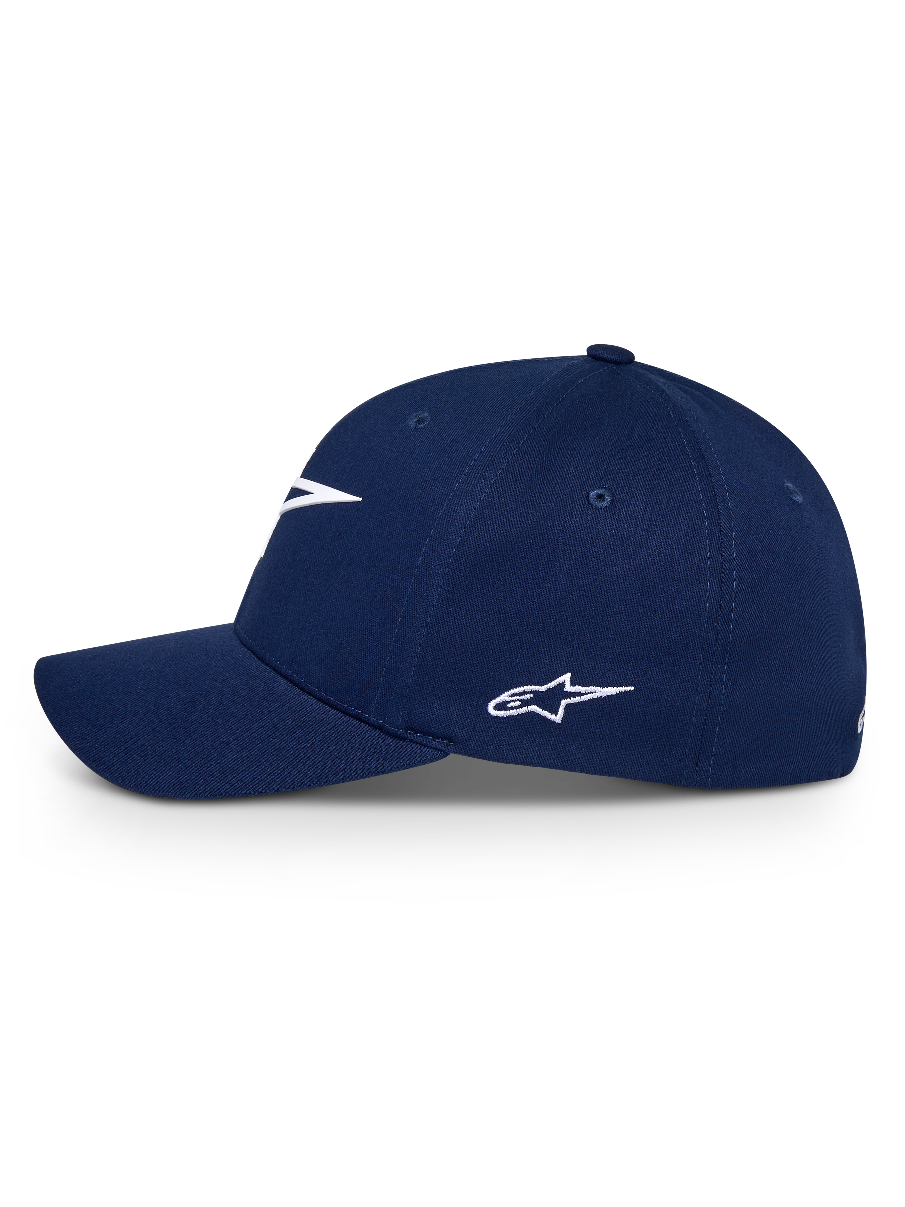Alpinestars Ageless Multi Hat, granatowa czapka z zakrzywionym daszkiem, widok z boku, białe haftowane logo Astars, sportowe nakrycie głowy