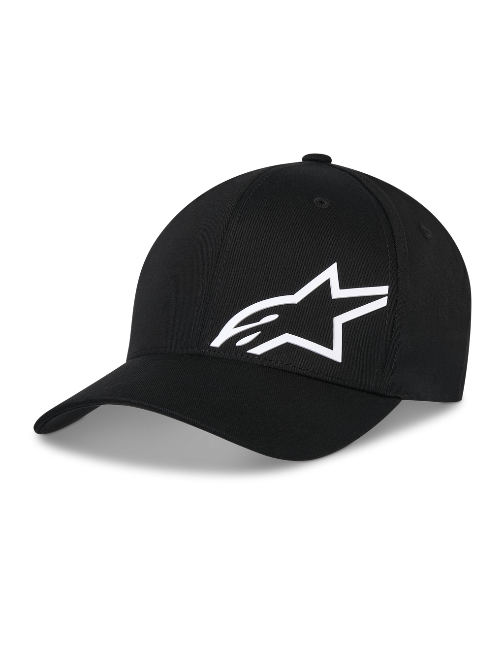 Alpinestars Corp Shift Multi Hat, black baseball cap with white 3D Astars logo, curved brim, structured crown, casual motorsport-inspired headwear