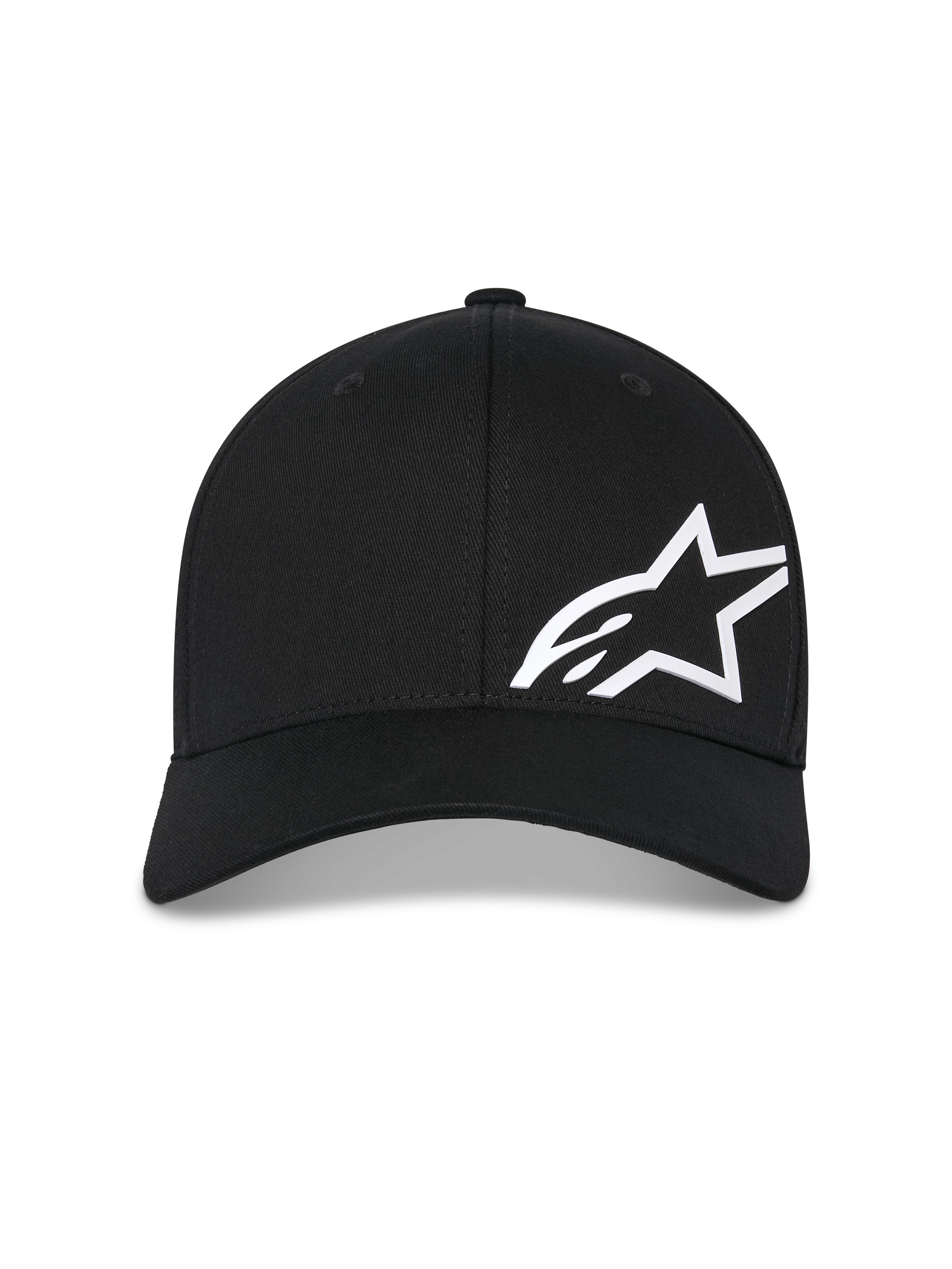 Alpinestars Corp Shift Multi Hat, Black Baseball Cap, White 3D printed Astars logo on the front, curved bill, structured crown, casual motorsport-inspired headwear
