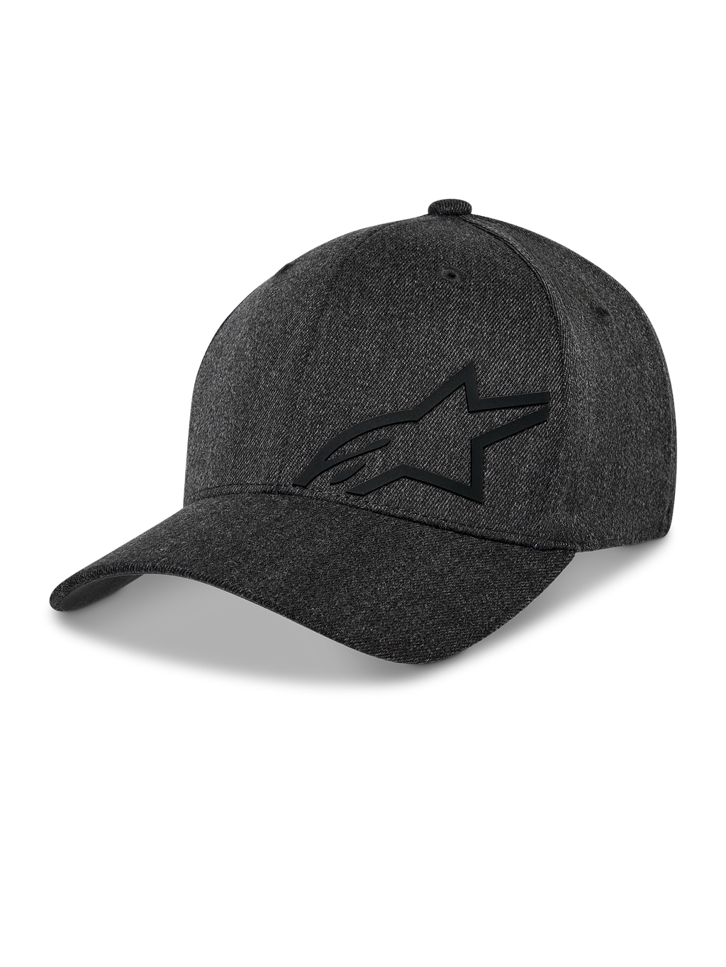 Alpinestars Corp Shift Multi Hat, czapka z daszkiem, ciemnoszary melanż, czarne logo Astars 3D, usztywniona korona, zakrzywiony daszek, elastyczna tkanina z kepru, codzienne nakrycie głowy w stylu motorsport