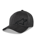 Alpinestars Corp Shift Multi Hat, czapka z daszkiem, ciemnoszary melanż, czarne logo Astars 3D, usztywniona korona, zakrzywiony daszek, elastyczna tkanina z kepru, codzienne nakrycie głowy w stylu motorsport