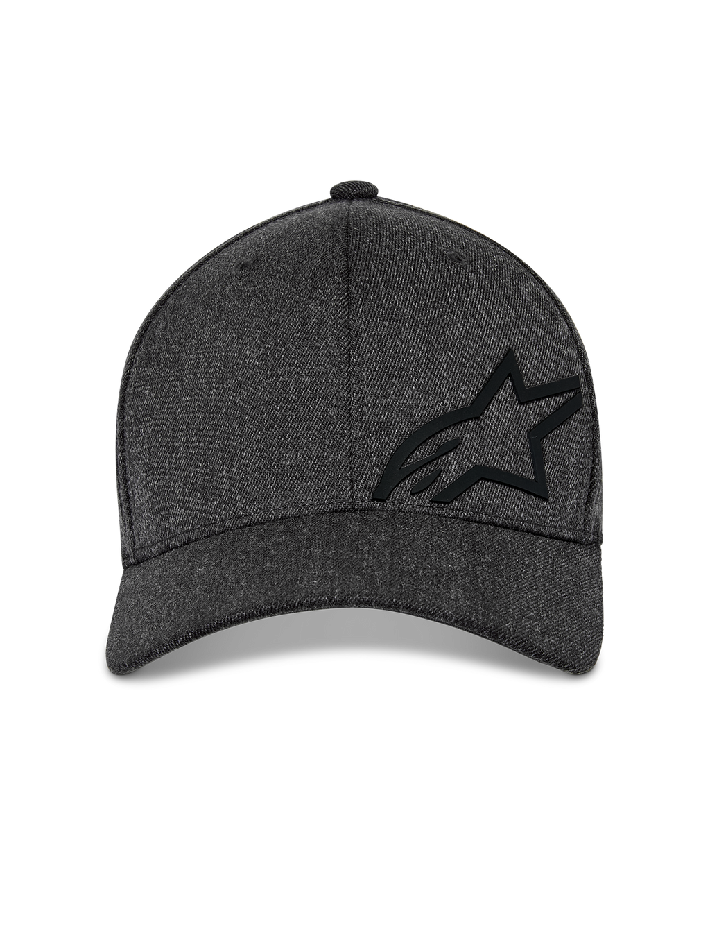 Czapka Alpinestars Corp Shift Multi, czapka z daszkiem, kolor ciemnoszary melanż, widok z przodu prezentujący usztywnioną koronę z czarnym logo 3D Astars i zakrzywiony daszek, casualowy styl motorsportowy