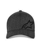 Czapka Alpinestars Corp Shift Multi, czapka z daszkiem, kolor ciemnoszary melanż, widok z przodu prezentujący usztywnioną koronę z czarnym logo 3D Astars i zakrzywiony daszek, casualowy styl motorsportowy