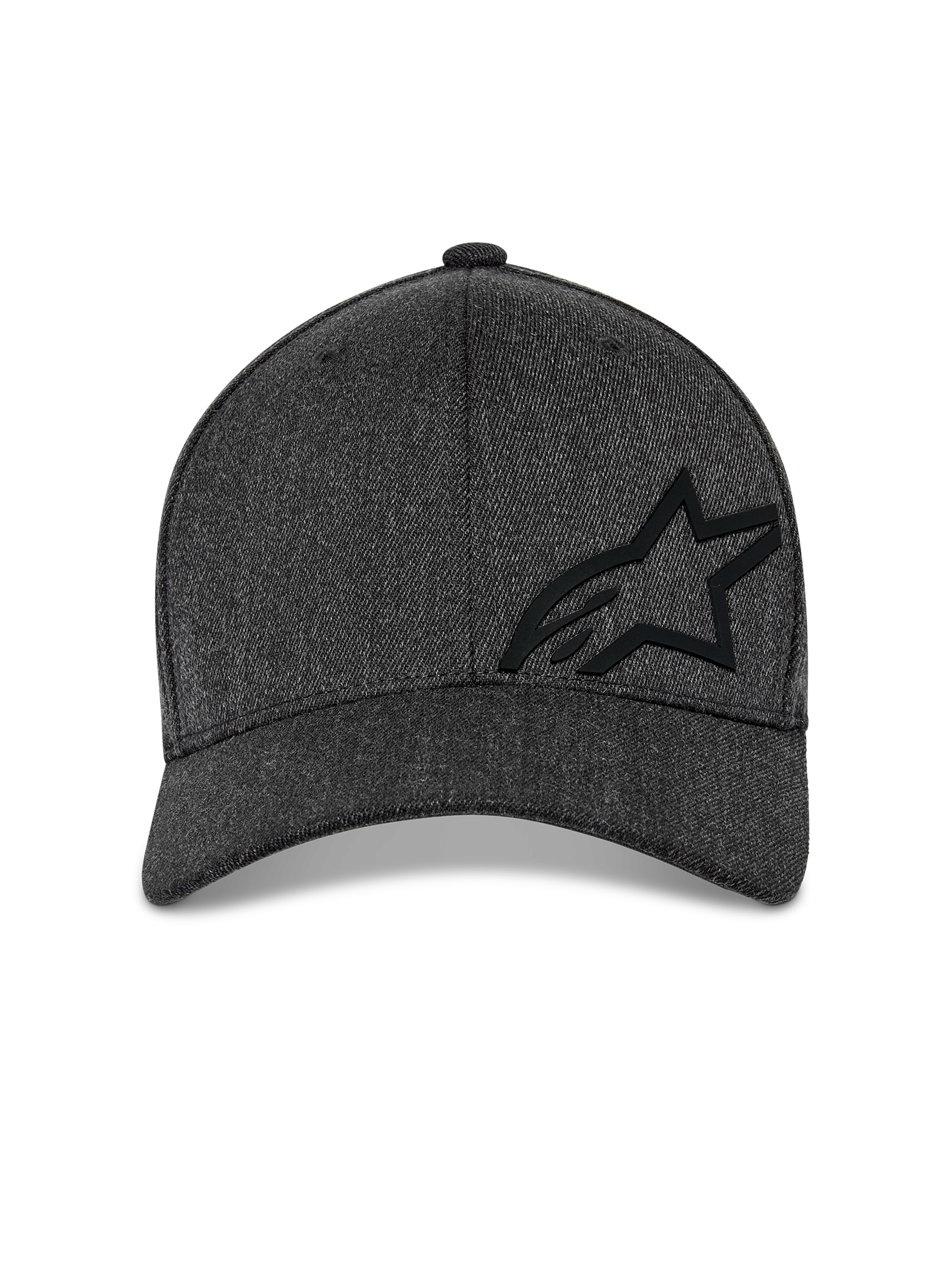 Czapka Alpinestars Corp Shift Multi, czapka z daszkiem, kolor ciemnoszary melanż, widok z przodu prezentujący usztywnioną koronę z czarnym logo 3D Astars i zakrzywiony daszek, casualowy styl motorsportowy