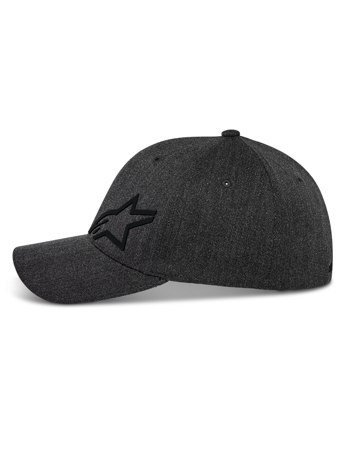 Czapka Alpinestars Corp Shift Multi, czapka z daszkiem, ciemnoszary melanż, profil boczny z czarnym logo gwiazdy Astars 3D, zakrzywiony daszek, usztywniona korona, elastyczna tkanina z kepru, codzienne nakrycie głowy inspirowane motorsportem