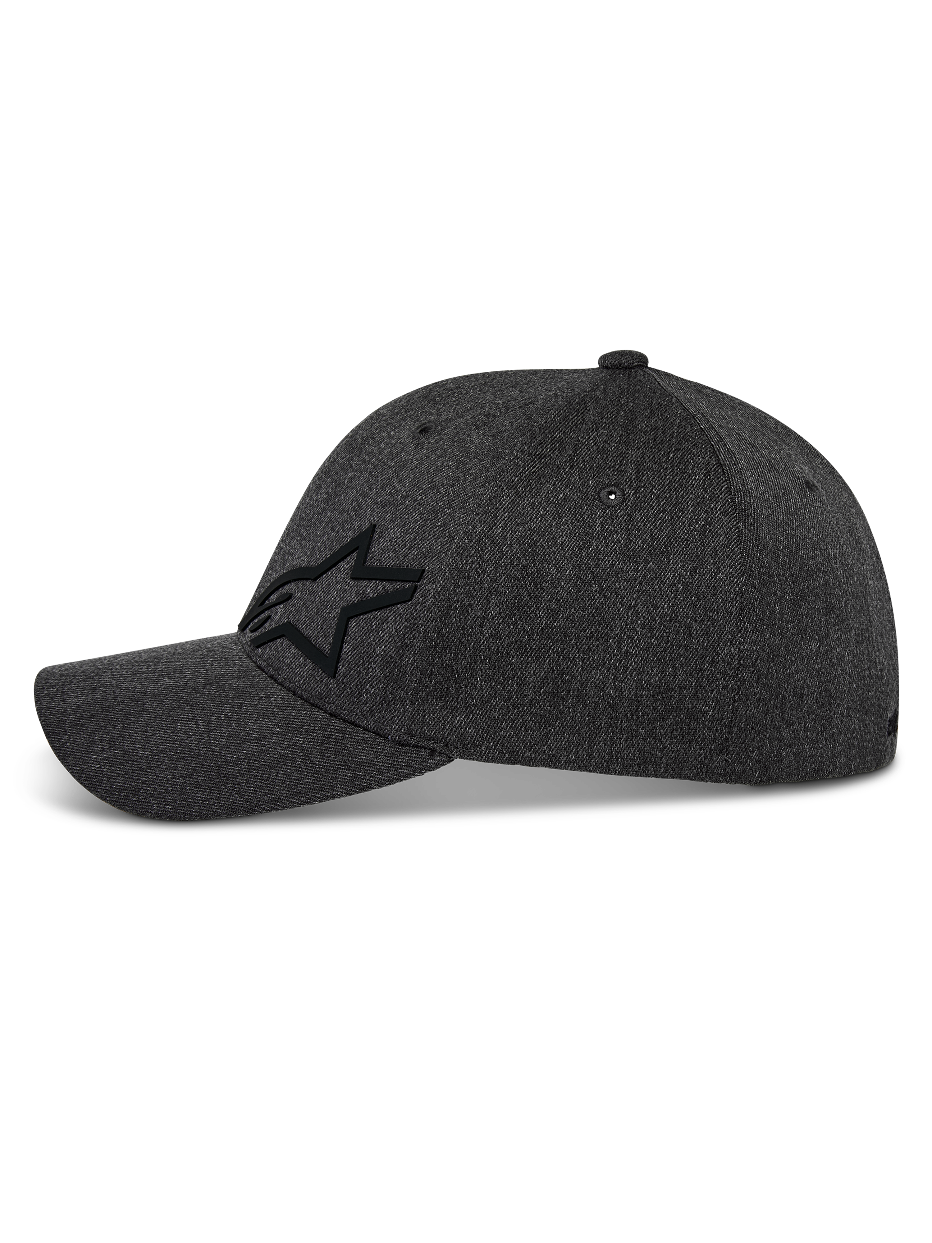Czapka Alpinestars Corp Shift Multi, czapka z daszkiem, ciemnoszary melanż, profil boczny z czarnym logo gwiazdy Astars 3D, zakrzywiony daszek, usztywniona korona, elastyczna tkanina z kepru, codzienne nakrycie głowy inspirowane motorsportem