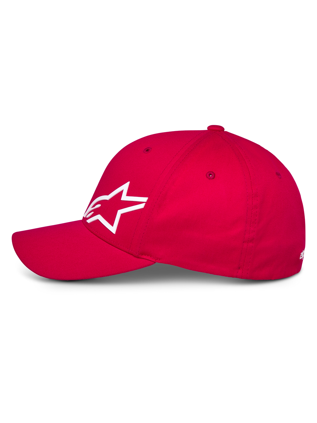 Alpinestars Corp Shift Multi Hat, czerwona czapka z daszkiem, widok z boku prezentujący białe logo Astars 3D, zakrzywiony daszek i usztywniona korona, codzienne sportowe nakrycie głowy