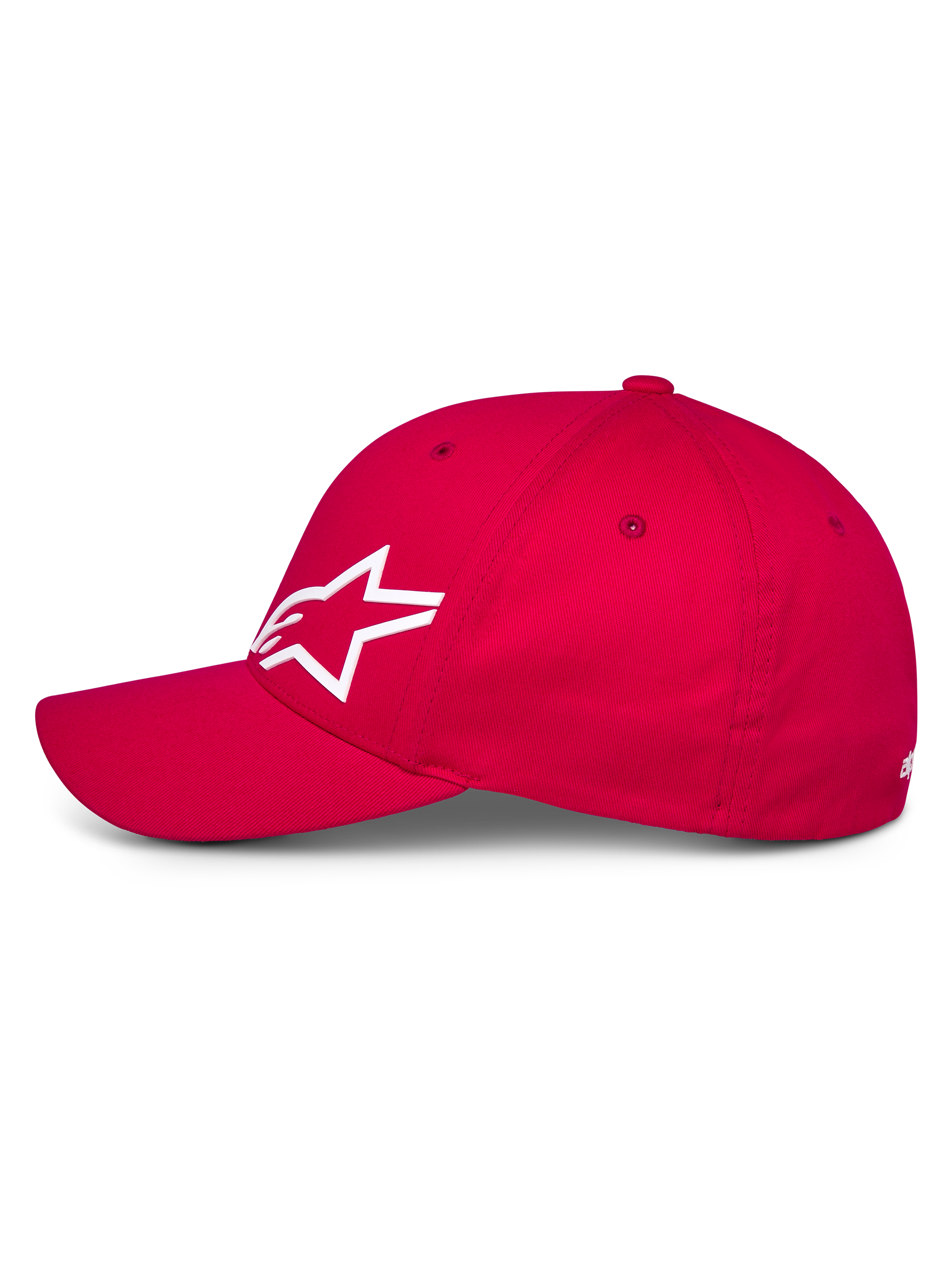 Alpinestars Corp Shift Multi Hat, czerwona czapka z daszkiem, widok z boku prezentujący białe logo Astars 3D, zakrzywiony daszek i usztywniona korona, codzienne sportowe nakrycie głowy