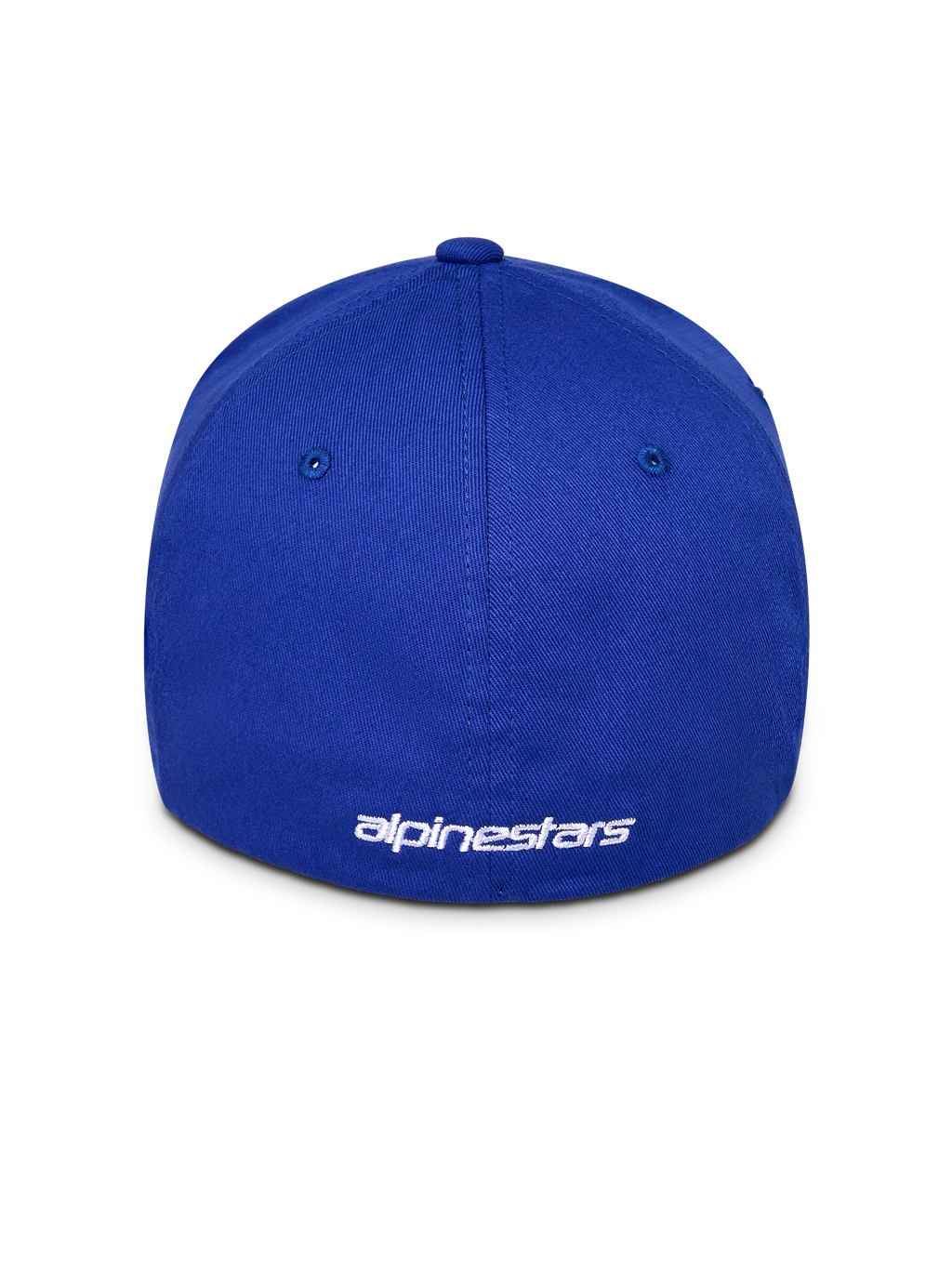 Alpinestars Corp Shift Multi Hat, niebieska czapka z daszkiem, widok z tyłu z białym haftowanym logo, elastyczna konstrukcja typu flex, usztywniona korona z rozciągliwego kepru