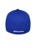 Alpinestars Corp Shift Multi Hat, niebieska czapka z daszkiem, widok z tyłu z białym haftowanym logo, elastyczna konstrukcja typu flex, usztywniona korona z rozciągliwego kepru