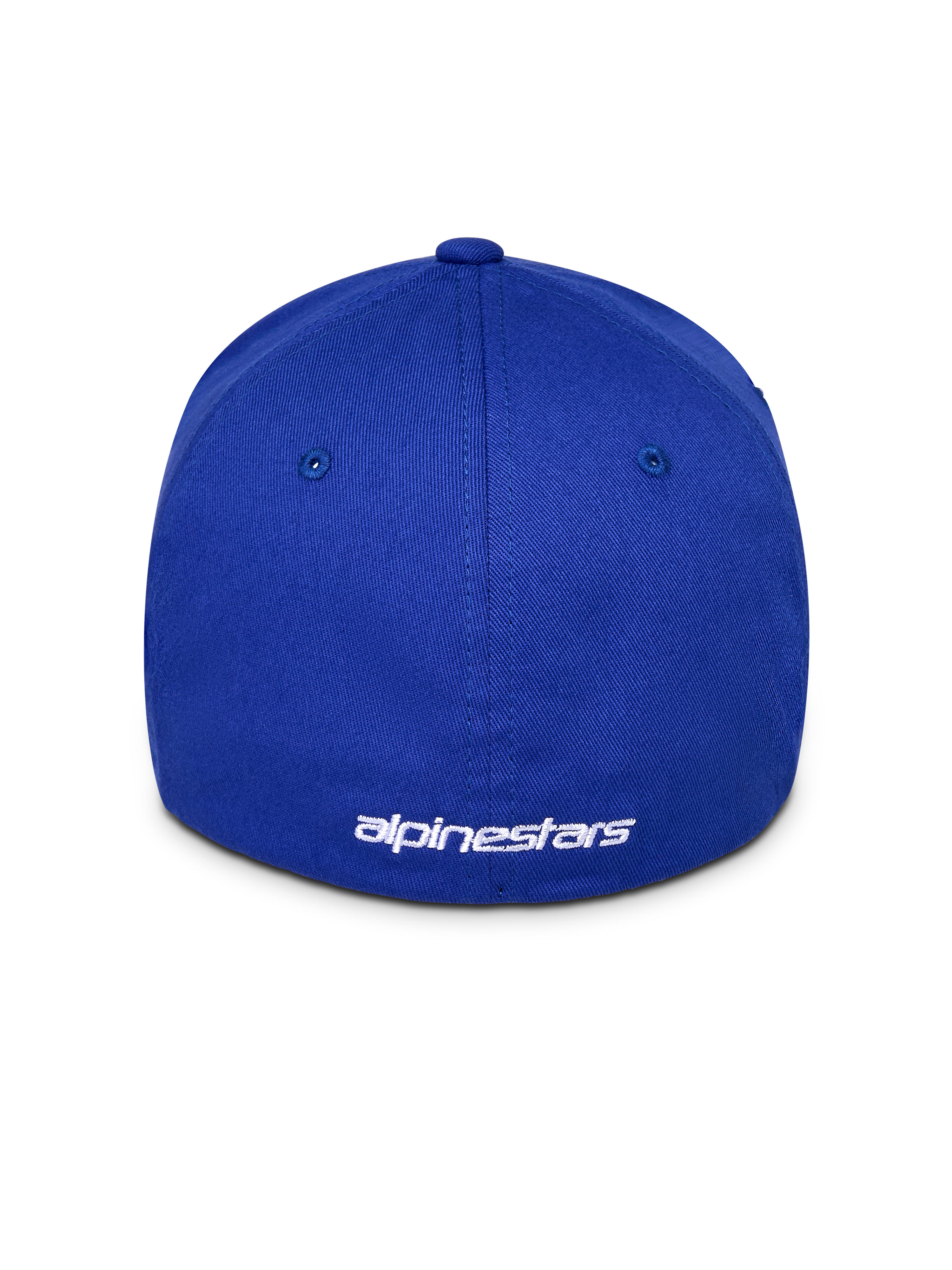 Alpinestars Corp Shift Multi Hat, niebieska czapka z daszkiem, widok z tyłu z białym haftowanym logo, elastyczna konstrukcja typu flex, usztywniona korona z rozciągliwego kepru