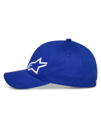 Alpinestars Corp Shift Multi Hat, niebieska czapka z daszkiem, białe logo Astars 3D, zakrzywiony daszek i usztywniona korona, codzienne nakrycie głowy w stylu motorsportowym