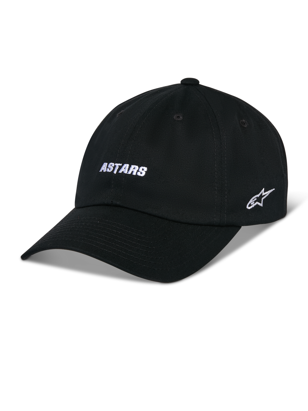 Alpinestars Deduce Strapback Hat, czarna czapka baseballowa z zakrzywionym daszkiem, biały haft ASTARS z przodu i logo gwiazdy z boku, nieusztywniona niska korona, bawełniany twill