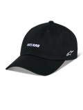 Alpinestars Deduce Strapback Hat, czarna czapka baseballowa z zakrzywionym daszkiem, biały haft ASTARS z przodu i logo gwiazdy z boku, nieusztywniona niska korona, bawełniany twill