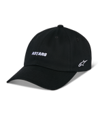 Alpinestars Deduce Strapback Hat, czarna czapka baseballowa z zakrzywionym daszkiem, biały haft ASTARS z przodu i logo gwiazdy z boku, nieusztywniona niska korona, bawełniany twill