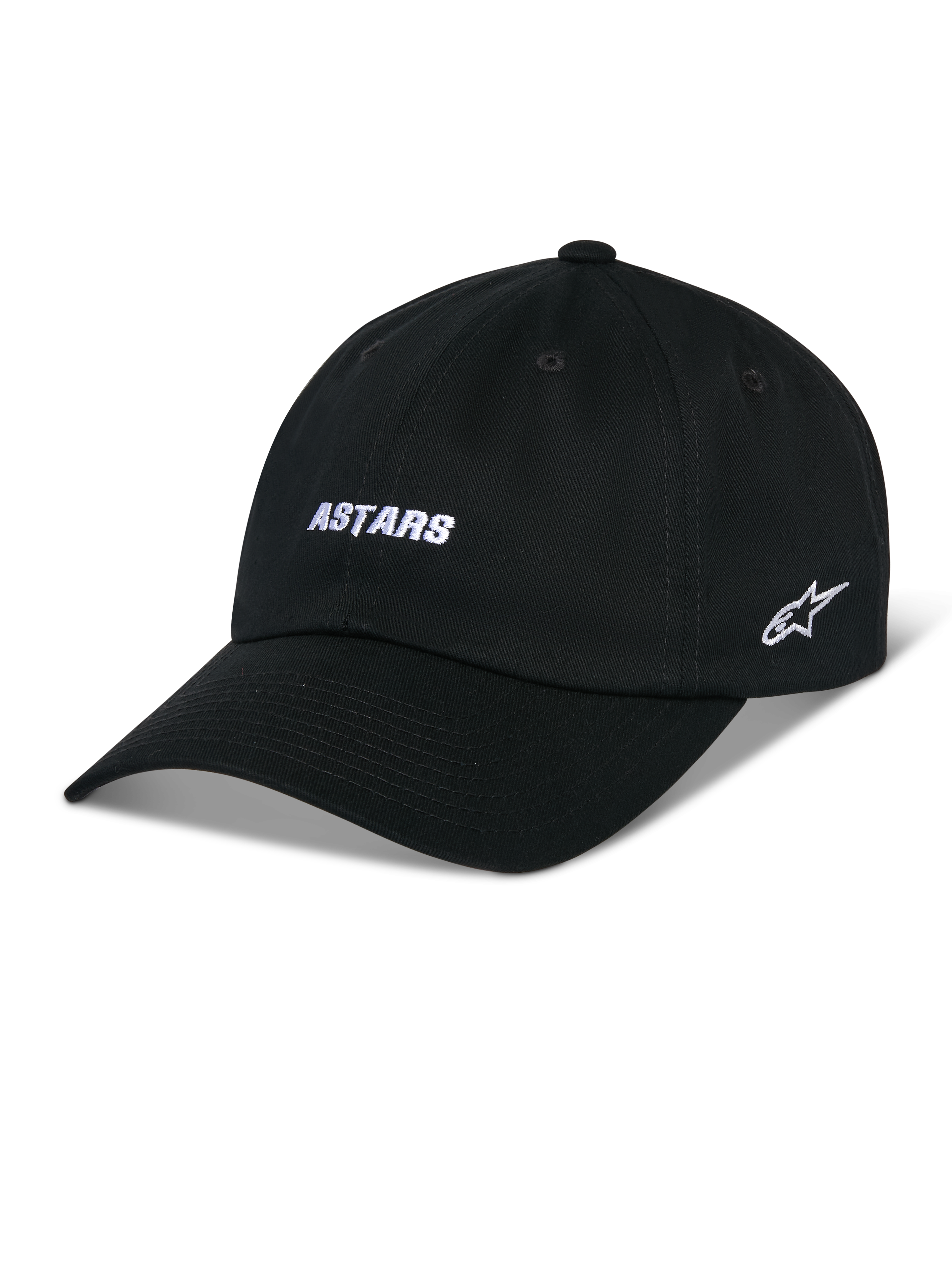 Alpinestars Deduce Strapback Hat, czarna czapka baseballowa z zakrzywionym daszkiem, biały haft ASTARS z przodu i logo gwiazdy z boku, nieusztywniona niska korona, bawełniany twill