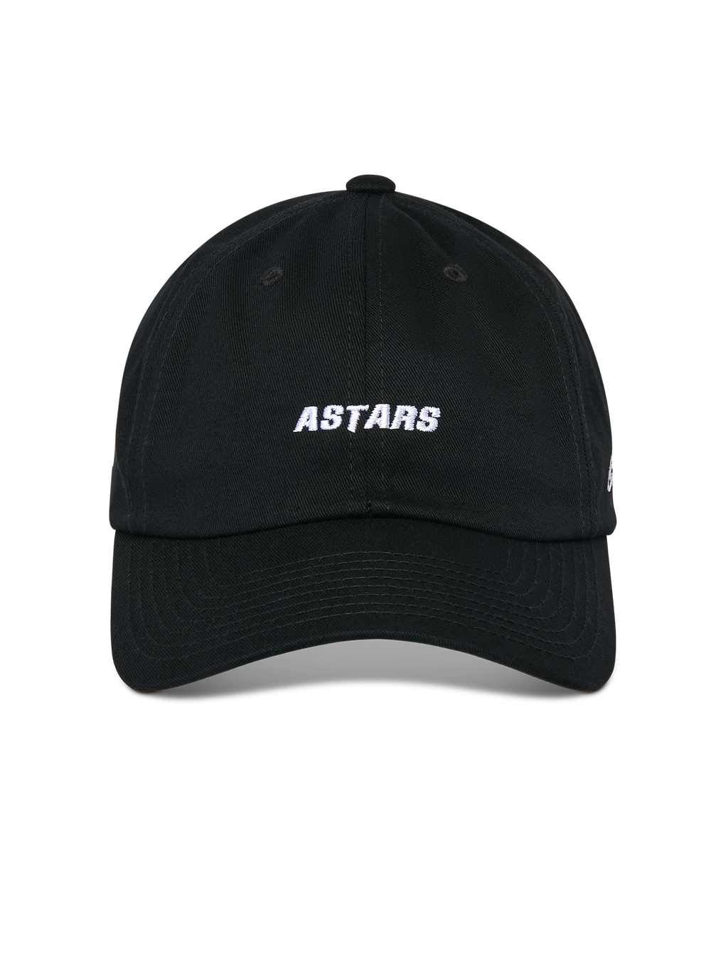Alpinestars Deduce Strapback Hat, czarna czapka z daszkiem, widok z przodu z białym haftem ASTARS, zakrzywiony daszek, nieusztywniona niska korona, codzienne nakrycie głowy w stylu motorsportowym