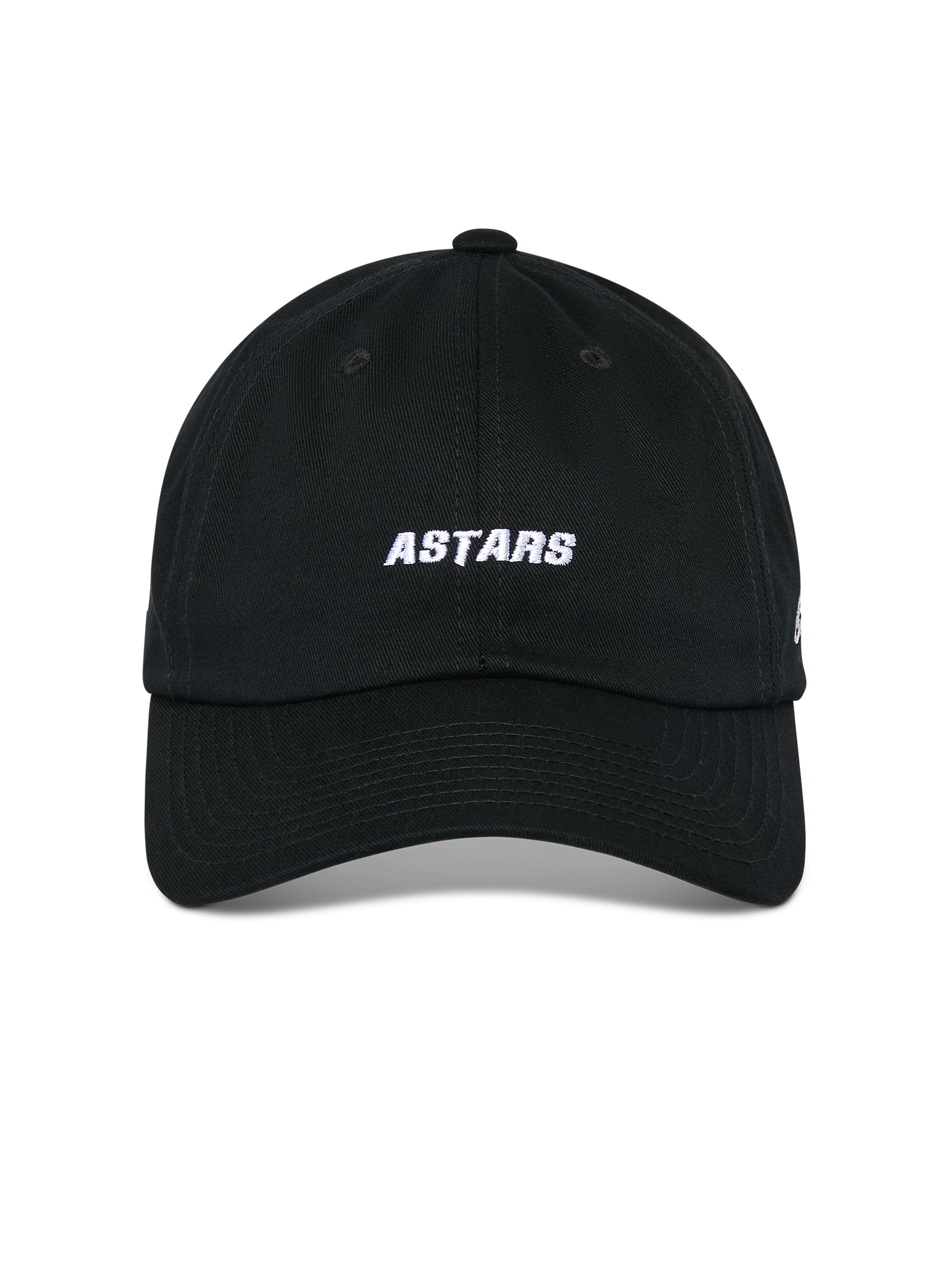 Alpinestars Deduce Strapback Hat, czarna czapka z daszkiem, widok z przodu z białym haftem ASTARS, zakrzywiony daszek, nieusztywniona niska korona, codzienne nakrycie głowy w stylu motorsportowym