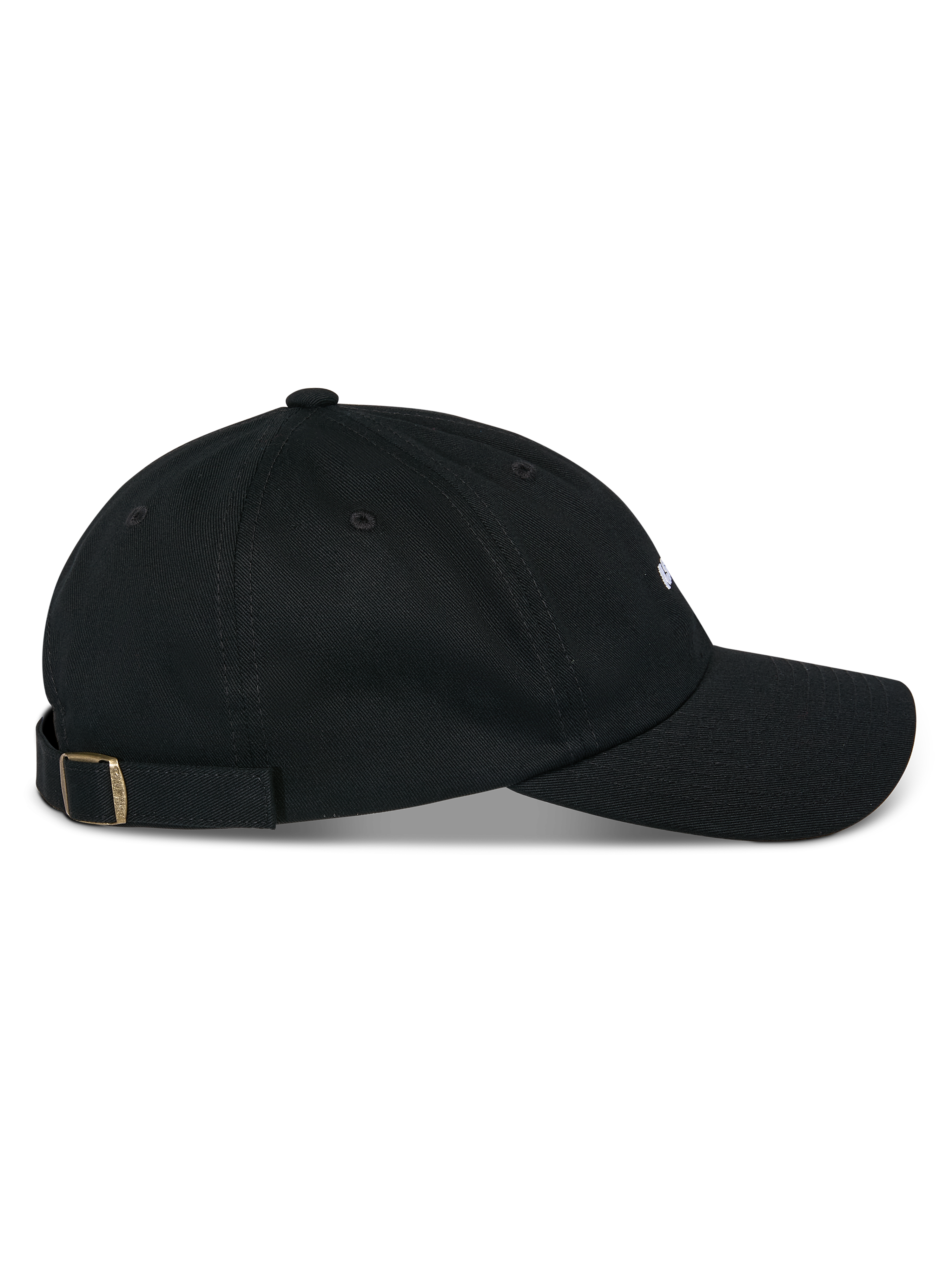 Czapka Alpinestars Deduce Strapback, czarna, widok z boku, zakrzywiony daszek z nieusztywnioną niską koroną, bawełniany kepr, regulowane zapięcie na pasek z metalową klamrą, codzienne nakrycie głowy inspirowane sportami motorowymi