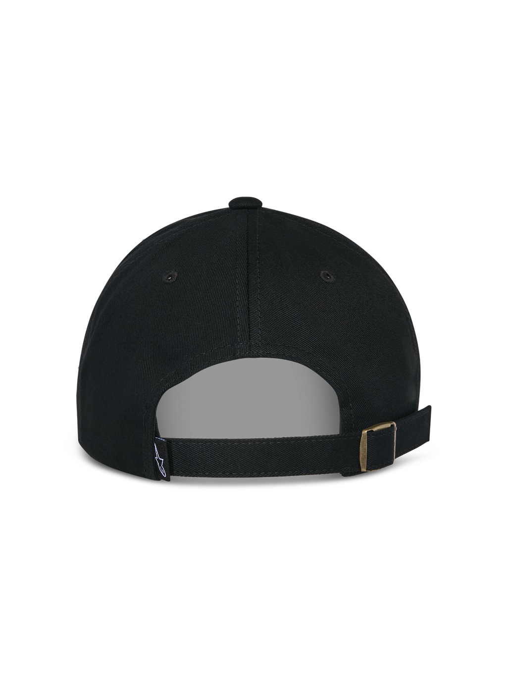 Alpinestars Deduce Strapback Hat, czarna czapka z daszkiem, widok z tyłu z regulowanym paskiem i metalową klamrą, mała metka z logo, codzienna czapka z bawełnianego kepru