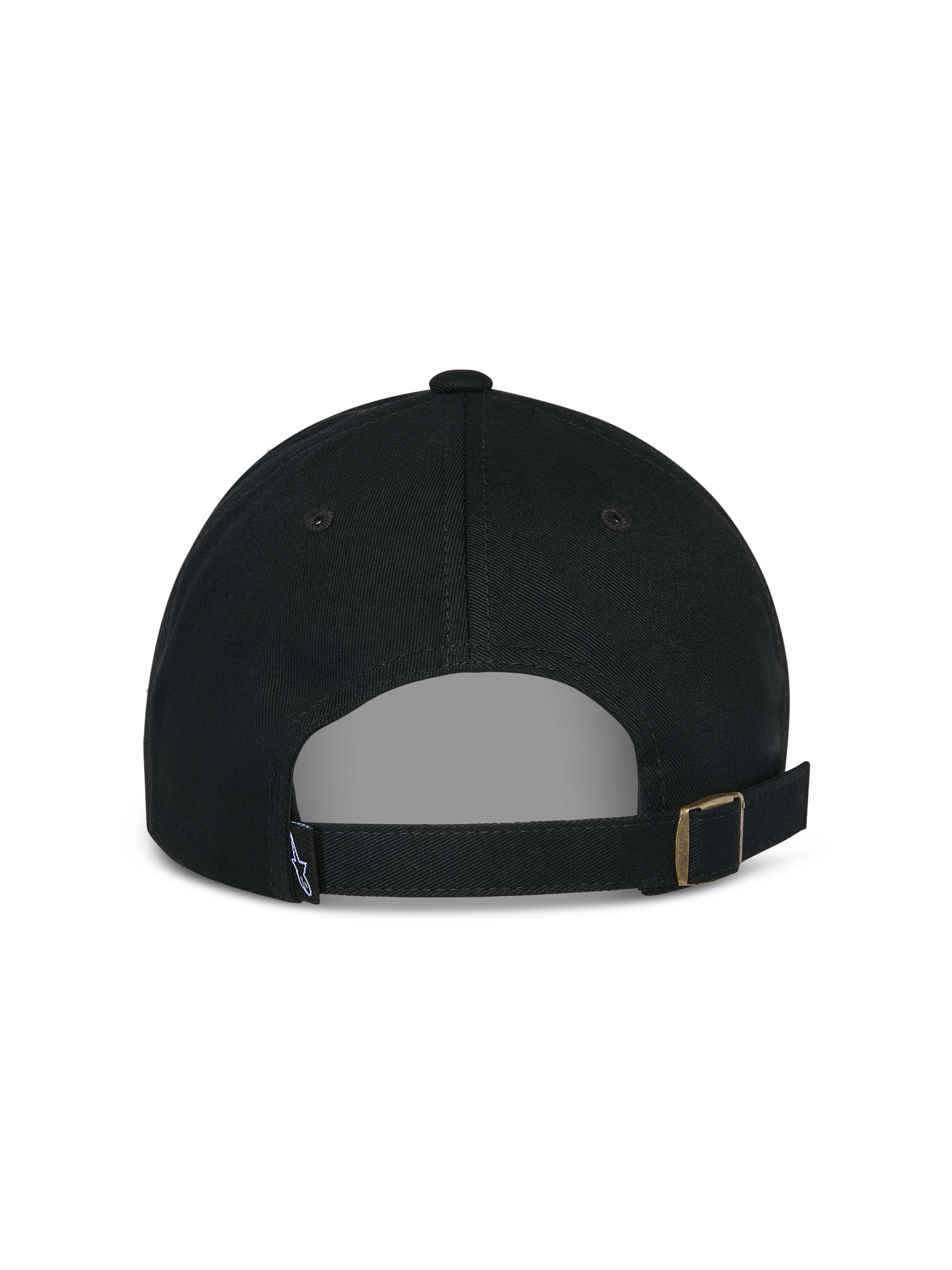 Alpinestars Deduce Strapback Hat, czarna czapka z daszkiem, widok z tyłu z regulowanym paskiem i metalową klamrą, mała metka z logo, codzienna czapka z bawełnianego kepru