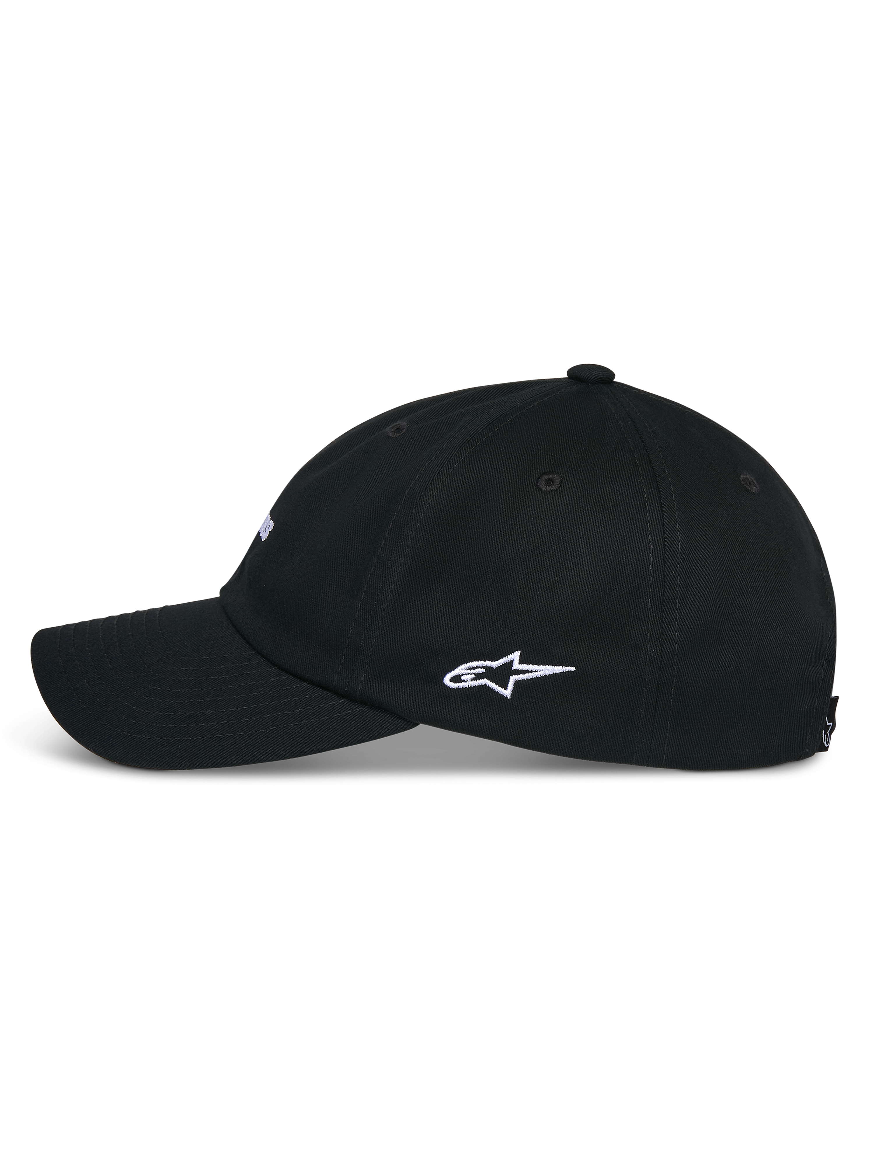 Alpinestars Deduce Strapback Hat, czarna czapka z daszkiem, widok z profilu ukazujący zakrzywiony daszek i biały haft logo Astars z boku, codzienne nakrycie głowy z bawełnianego kepru