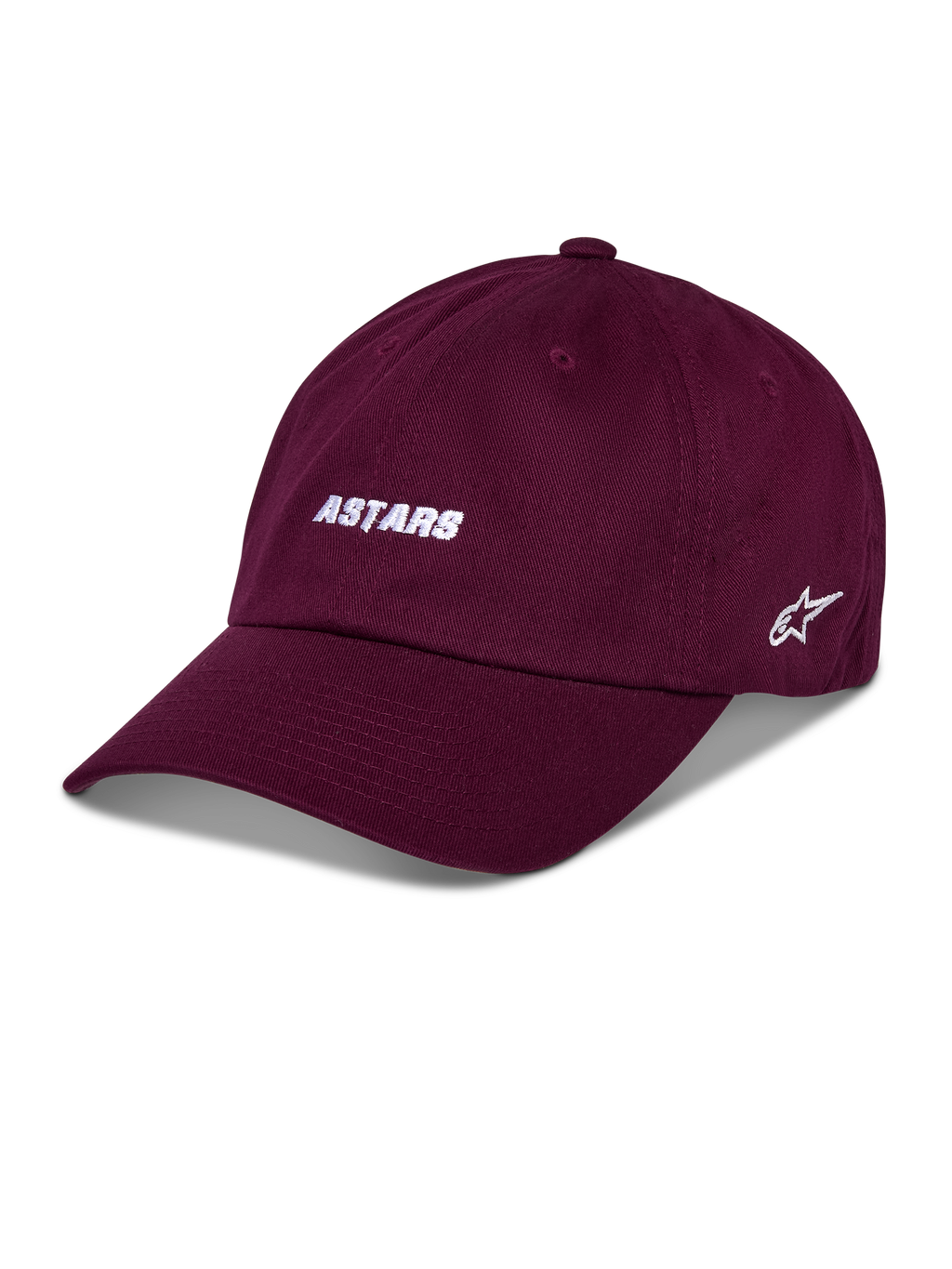Alpinestars Deduce Strapback Hat, czapka bejsbolówka, bordowa, biały haftowany napis ASTARS z przodu, logo gwiazdy z boku, zakrzywiony daszek, codzienna odzież uliczna w stylu motorsport